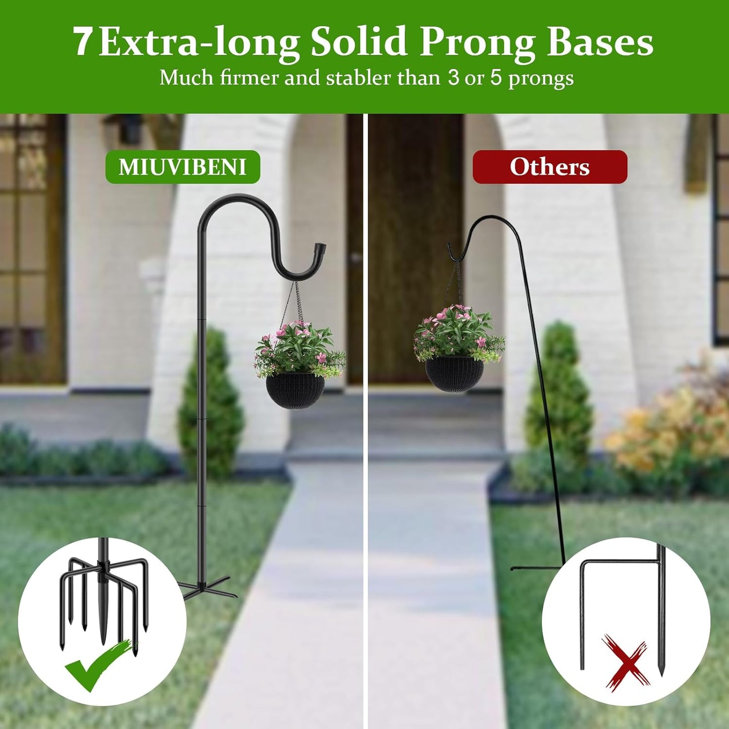 84" Shepherds Hooks for Outdoor with 7 Prongs Base, Heavy Duty Bird Feeder Pole for Hanging Lantern, Hummingbird Feeder, Shepherds Hook for Bird Feeders for Outside, 2 Packs, Black