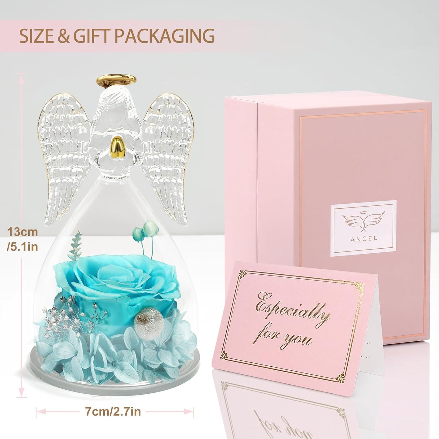 Yamonic Mom Birthday Gifts for Mom, Glass Angel Figurines with Real Rose Gifts for Her Moms Grandma,Preserved Flowers Rose Angel Figurines for Mothers Day Christmas Anniversary Birthday Gifts for Her