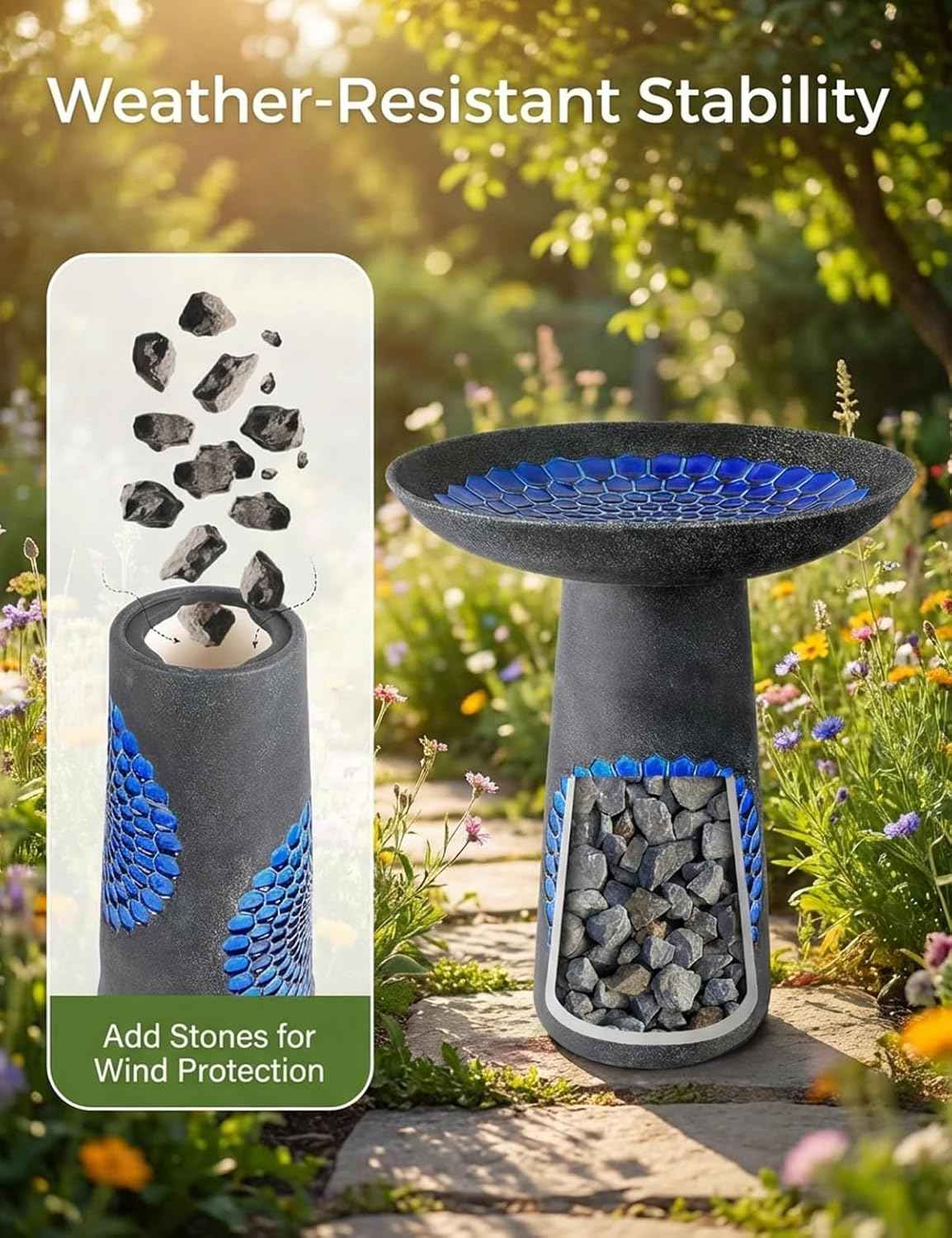 Ceramic Bird Bath for Outdoors – 21.5 Inch Heavy Duty, Diamond Blue Design for Garden & Patio Décor, Perfect for Bird Watching & Outdoor Spaces