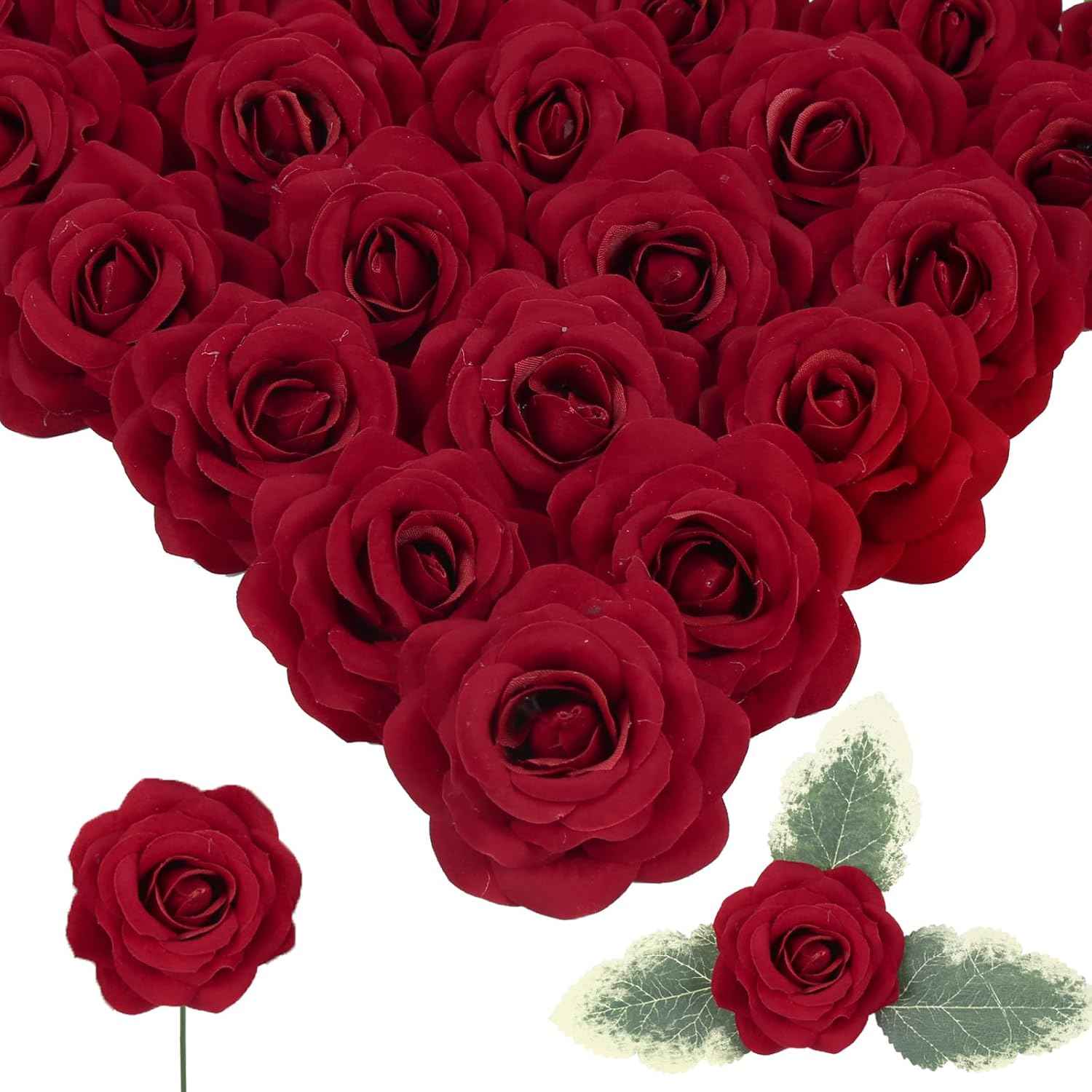 25PCS Red Rose Artificial Flower Heads 7 CM Velvet Rose Flowers Real Look Rose Flower Heads for DIY Wedding Home Party Baby Shower Decor(Red)
