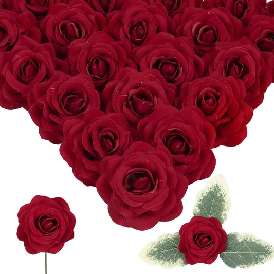 25PCS Red Rose Artificial Flower Heads 7 CM Velvet Rose Flowers Real Look Rose Flower Heads for DIY Wedding Home Party Baby Shower Decor(Red)