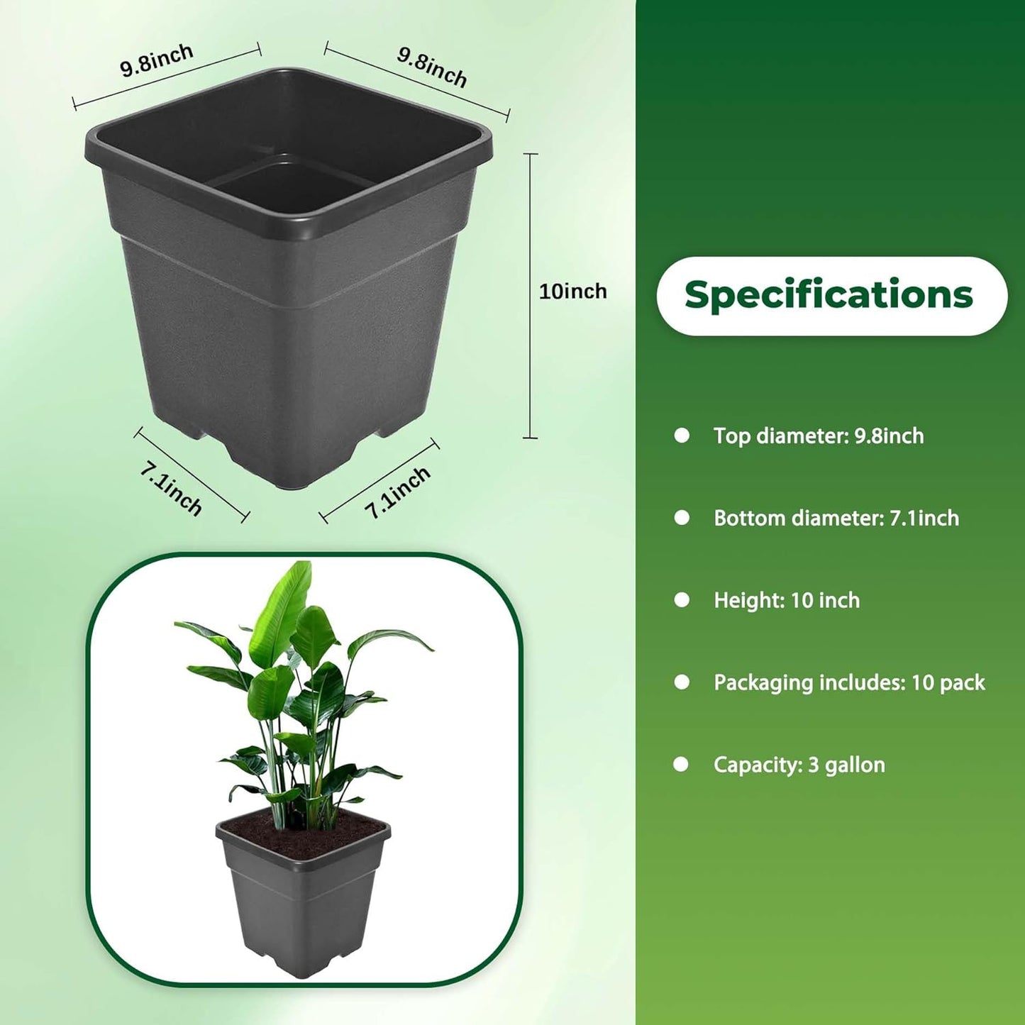 Plant Pots Flower Pot 10-Pack 3 Gallon Planter Nursery Pot Garden Seedling Planters Containers Plastic Injection Molded Pots with Drainage Holes for Outdoor Indoor Plants Vegetables, Black