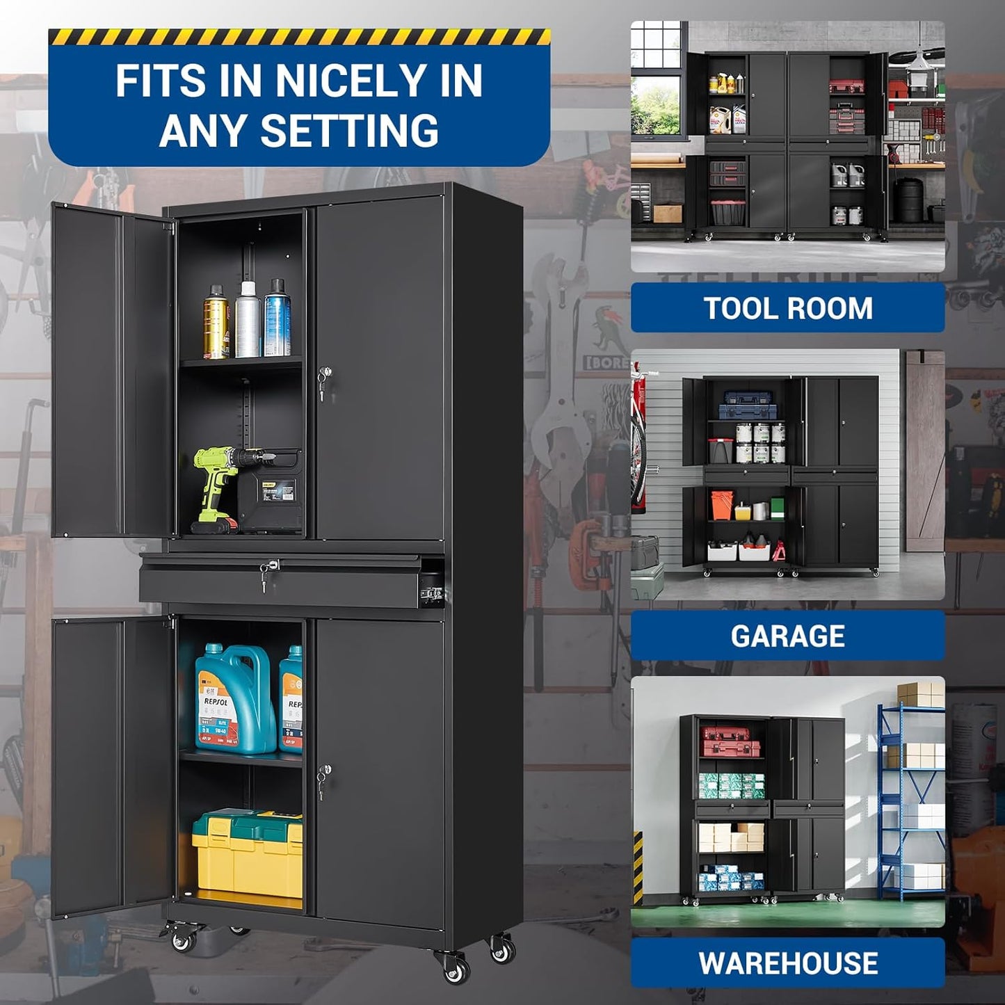 Fesbos 73" Metal Cabinet-Black Heavy Duty Rolling Storage Cabinet Steel Tool Cabinets with Wheels, Shelves, Lockable Doors and Drawers- for Garage, Pantry, Warehouse Home Office- Assembly Required