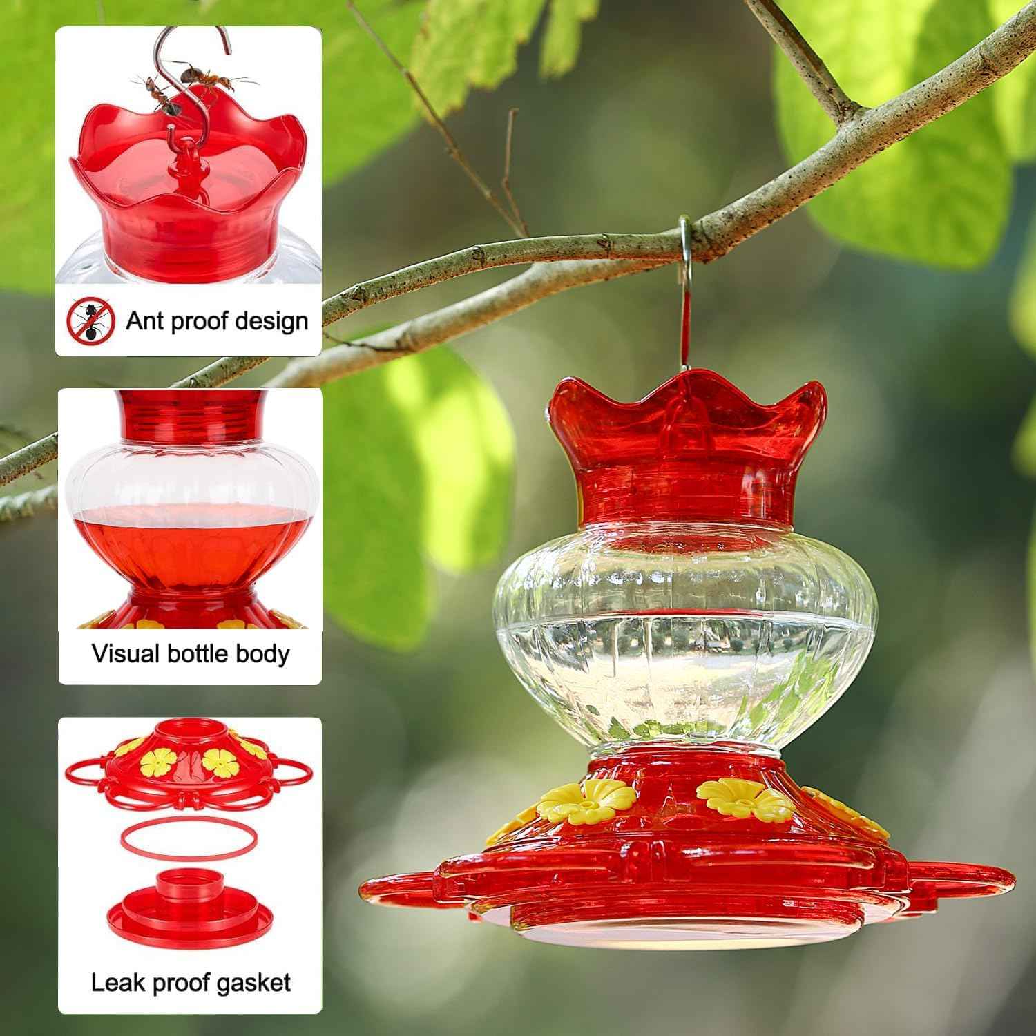 Plastic Hummingbird Feeders for Outdoors Hanging, 2 Pack 13 Ounces Ant and Bee Proof Small Hummingbird Feeders with 6 Feeding Ports and Perches for Outside Garden Décor