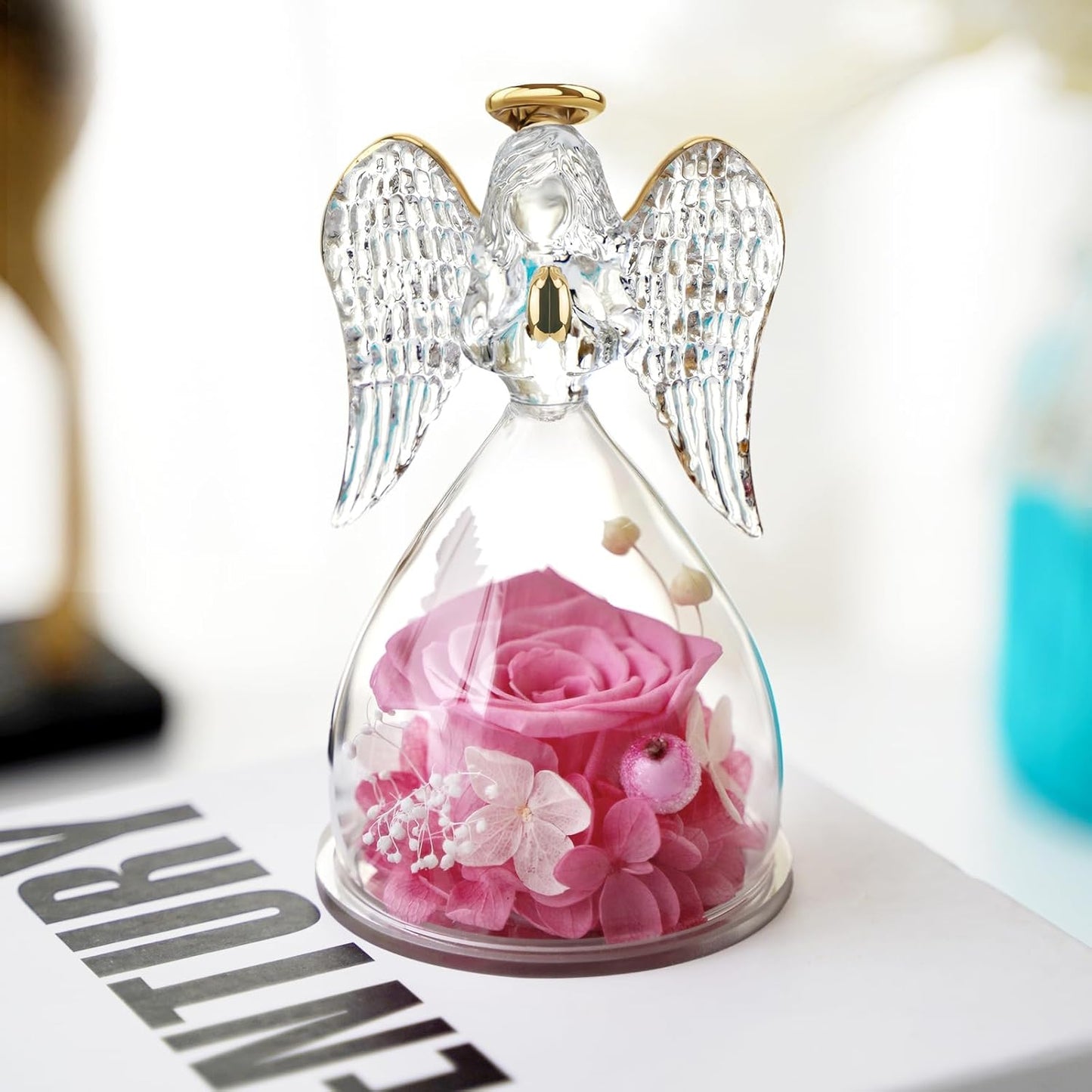 Yamonic Mom Birthday Gifts for Mom, Angel Figurines with Real Rose Gifts for Her Mom Grandma,Preserved Flowers Rose Angel Figurines for Mothers Day Christmas Anniversary Birthday Gifts for Her (Pink)