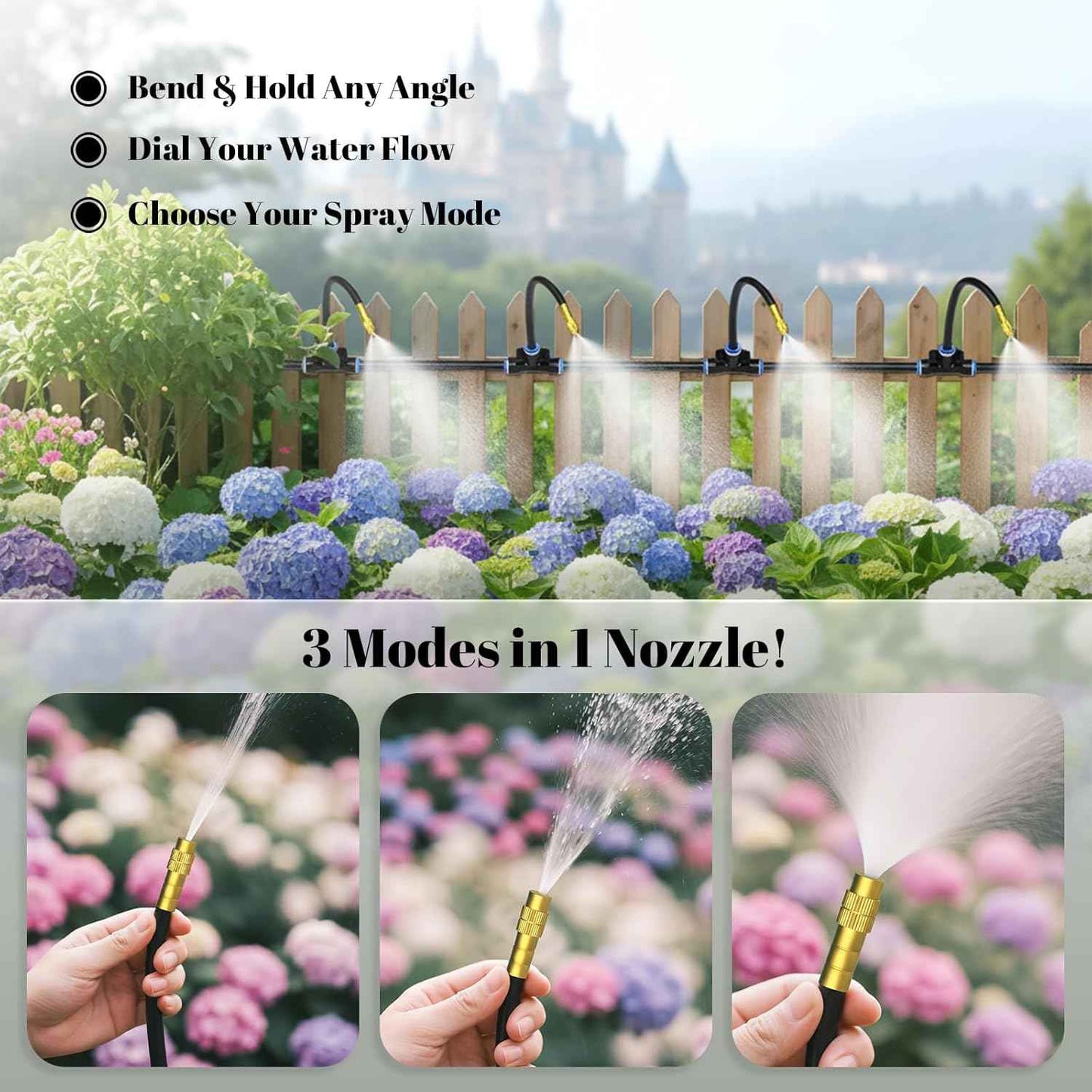 100ft 1/4-Inch Drip Irrigation Kit with 16 Adjustable Copper Nozzles, Automatic Atomizing Watering Sprinkler System for Garden, Raised Beds, Lawn, Greenhouse & Patio