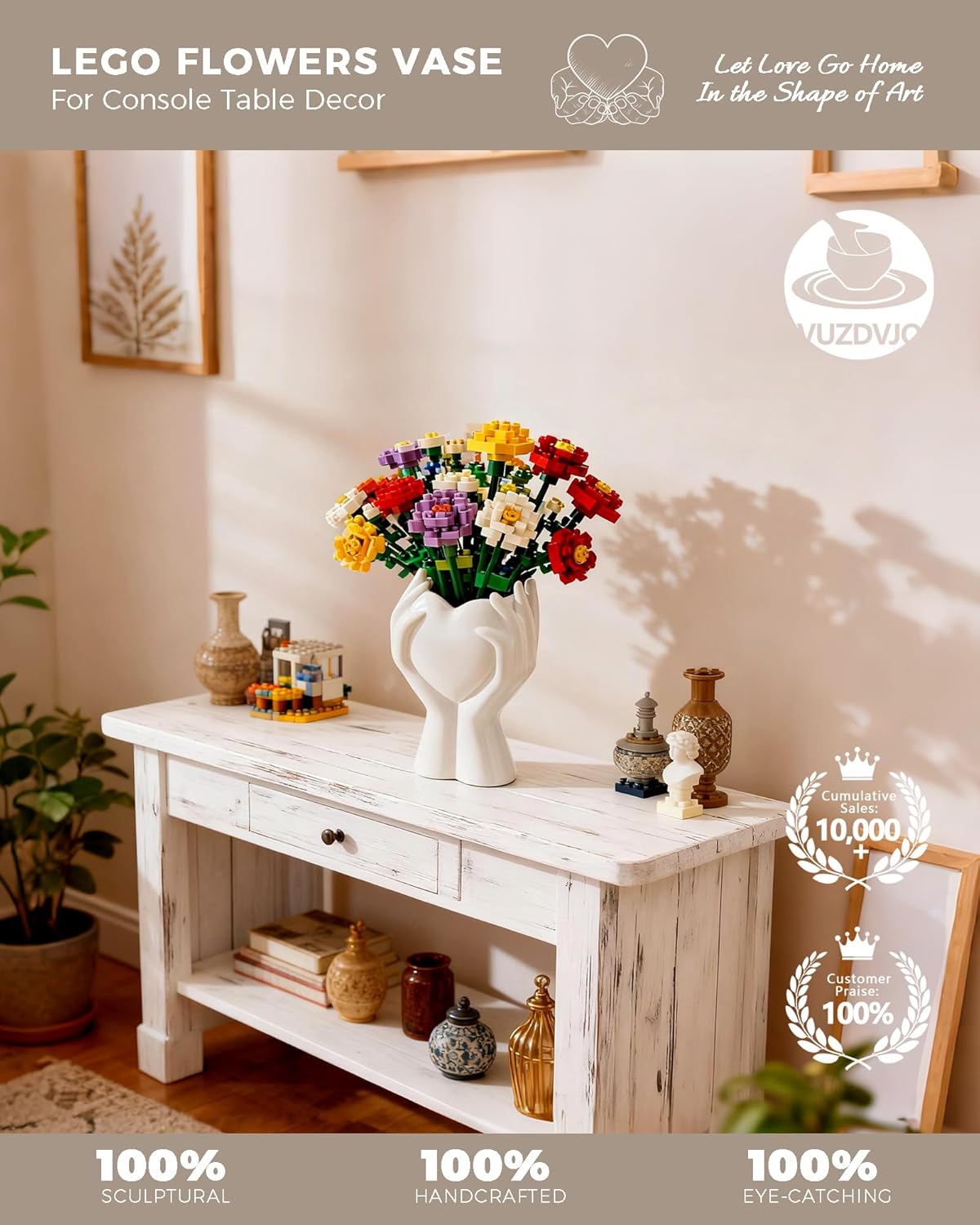 A Heart Held in Two Hands White Vases for Flowers - Cute Modern Small Ceramic Flower Vase for Pampas Grass - Decorative Table Vase for Coffee or Dining Table Centerpiece, Shelf - Gift for Mom (White)