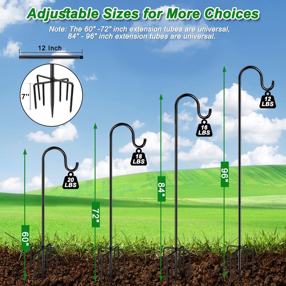 72" Shepherds Hooks for Outdoor, Heavy Duty Bird Feeder Pole with 7 Base Prongs, Adjustable Garden Hanging Holder for Bird Feeders, Solar Light Lanterns, Garden Plant Hanger Stands, 2 Packs