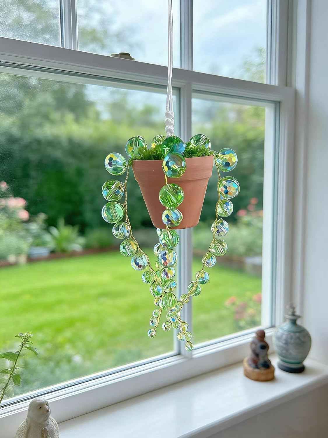 Bling Suncatcher String of Beads Plant Hanging, Handcrafted Crystal Succulent Sun Catchers for Window Hanging, Gardenn Crystal Sun Catcher Plant Lover Gift Mom Gifts (Green)