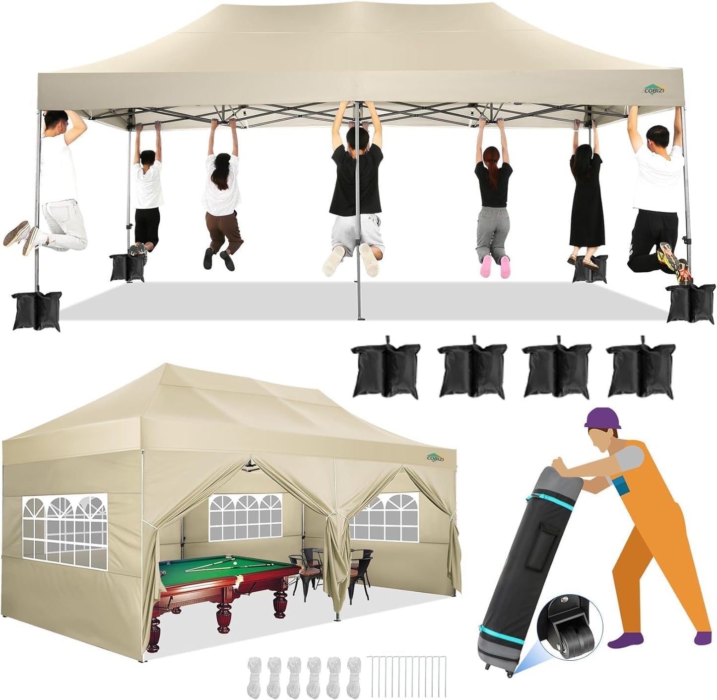 COBIZI 10x20 Canopy with Sidewalls, Heavy Duty Party Tent Pop up carpas para Fiestas, Tents for Parties, Wedding, Outdoor Easy Pop up Foldable Portable Canopy Tent with Wheeled Bag, Khaki Upgrade