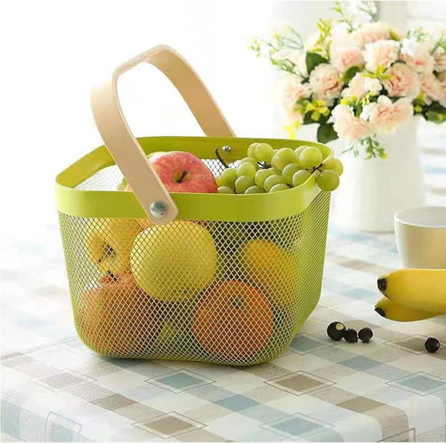 Metal Mesh Steel Basket, Storage Organizer Basket Multi-functional Hanging Kitchen Baskets Fruit Basket with Wooden Handle for Kitchen Bathroom Picnic Shopping Decor Cabinet Home, Macaron Green