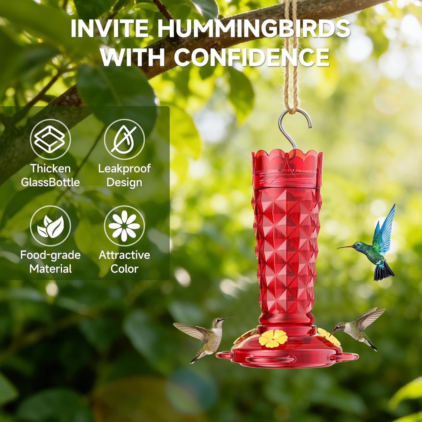 Glass Hummingbird Feeder, 2-Pack 13 OZ Red Hummingbird Feeders for Outdoors with Ant Moats & Bee Guards, Wide Mouth for Easy Cleaning, Leak-Proof Nectar Feeders, Garden Backyard Décor Gifts