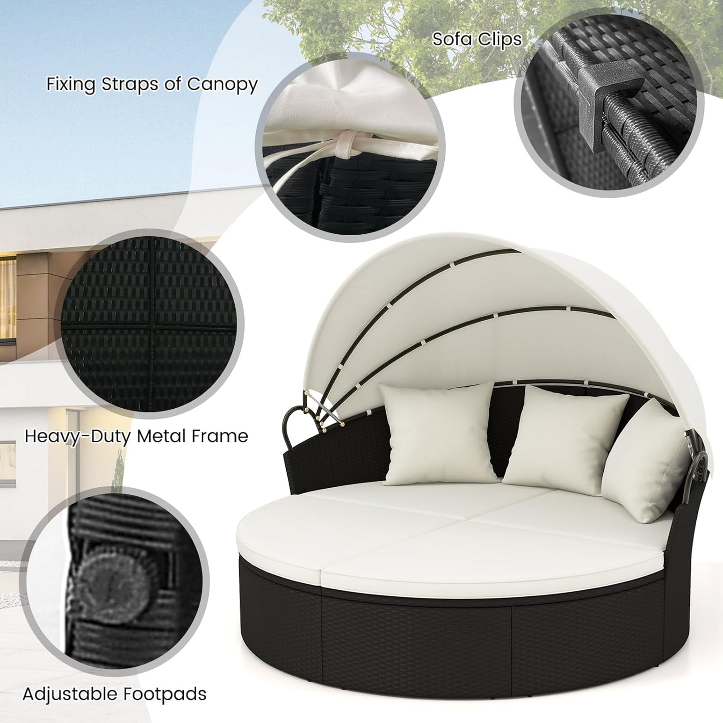 RELAX4LIFE Round Outdoor Daybed with Canopy - Wicker Rattan Sectional Sofa Sunbed w/Cushions & 3 Pillows, Clamshell Conversation Lounger Separated Seating Set for Garden Porch, Patio Day Bed (Beige)