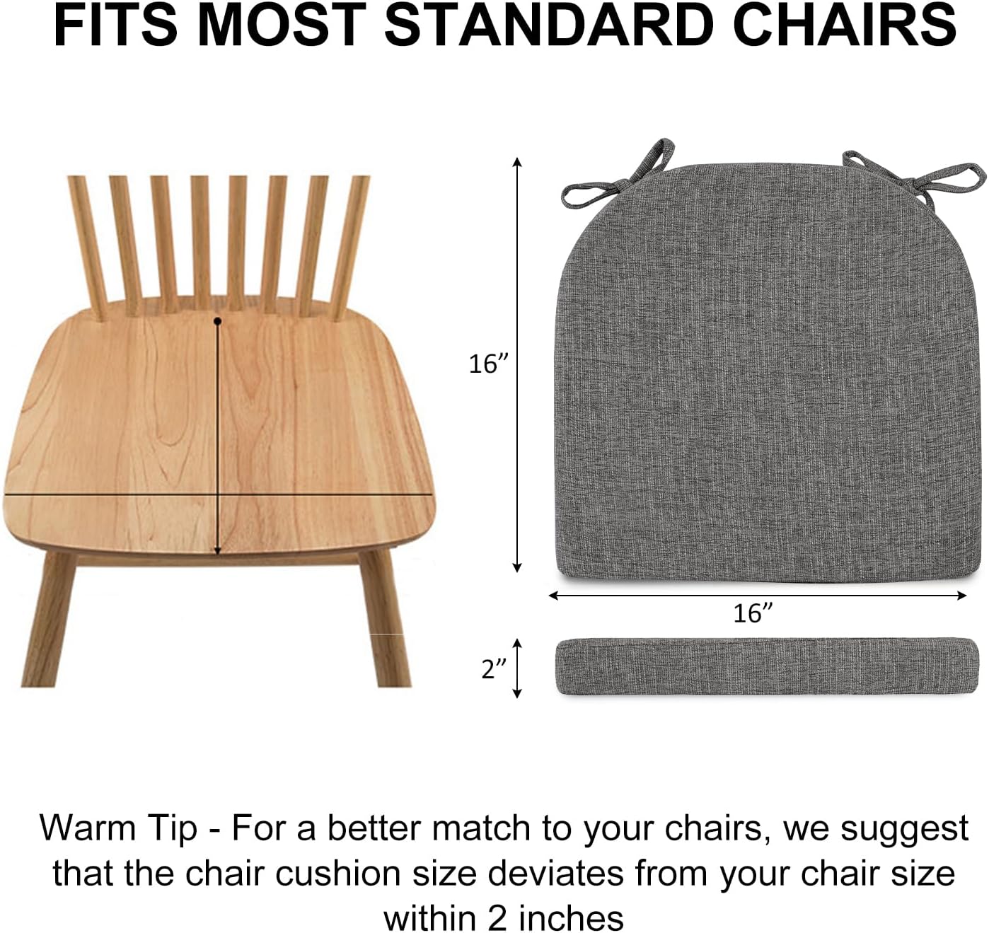 Wellsin Chair Cushions for Dining Chairs 6 Pack - Kitchen Chair Cushions with Ties and Non-Slip Backing - Dining Chair Pads 16"X16"X2", Dark Gray