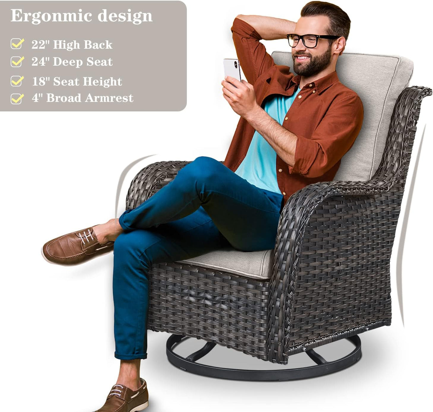 Wicker Patio Furniture Sets - 13 Piece Outdoor Rattan Furniture Conversation Sets with 4 Swivel Rocker Chairs, 2 Rattan Sofas, Wicker Ottomans and Coffee Table, Brown/Beige