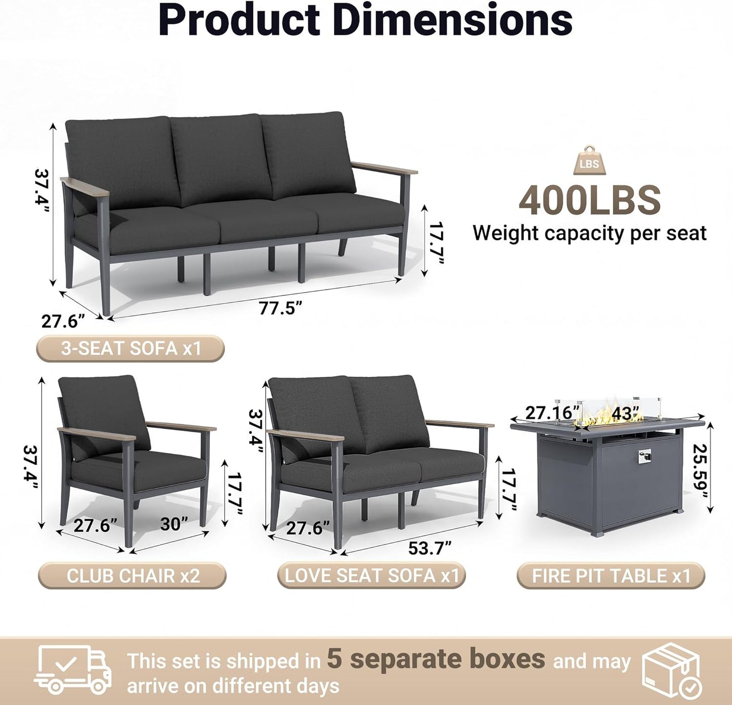Aluminum Outdoor Patio Furniture Set, 5-Piece Sectional Sofa with 5.1" Thick Cushions, 55,000 BTU Propane Fire Pit Table, Outdoor Couch for Backyard, Deck, Black