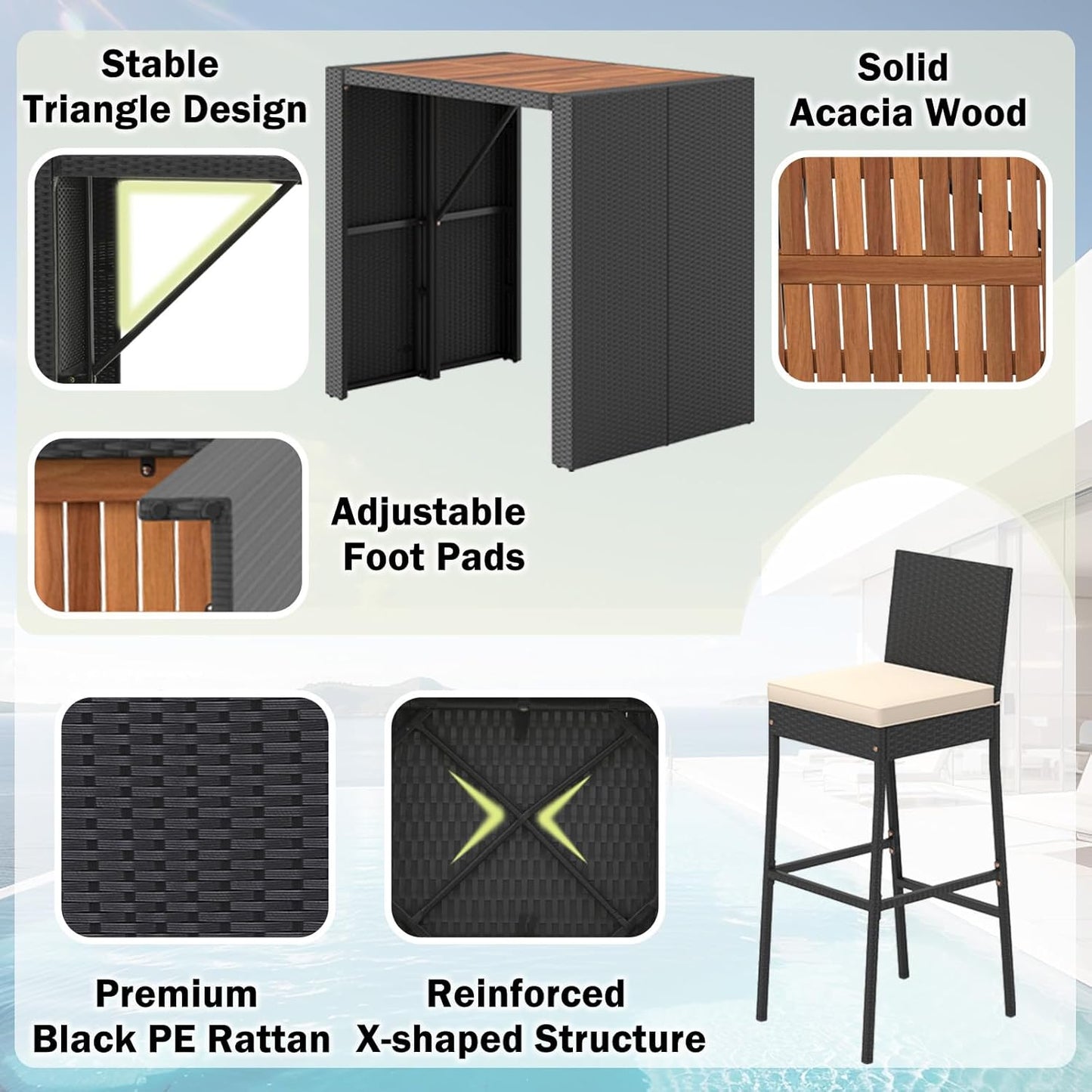 RELAX4LIFE 5-Piece Outdoor Bar Set - Wicker Rattan Bar Height Dining Table w/Acacia Wood Top & 4 Bar Stools Chairs w/Seat Cushions, Backrest, Footrest, Outside Patio Bistro Set for Backyard (47.5'')
