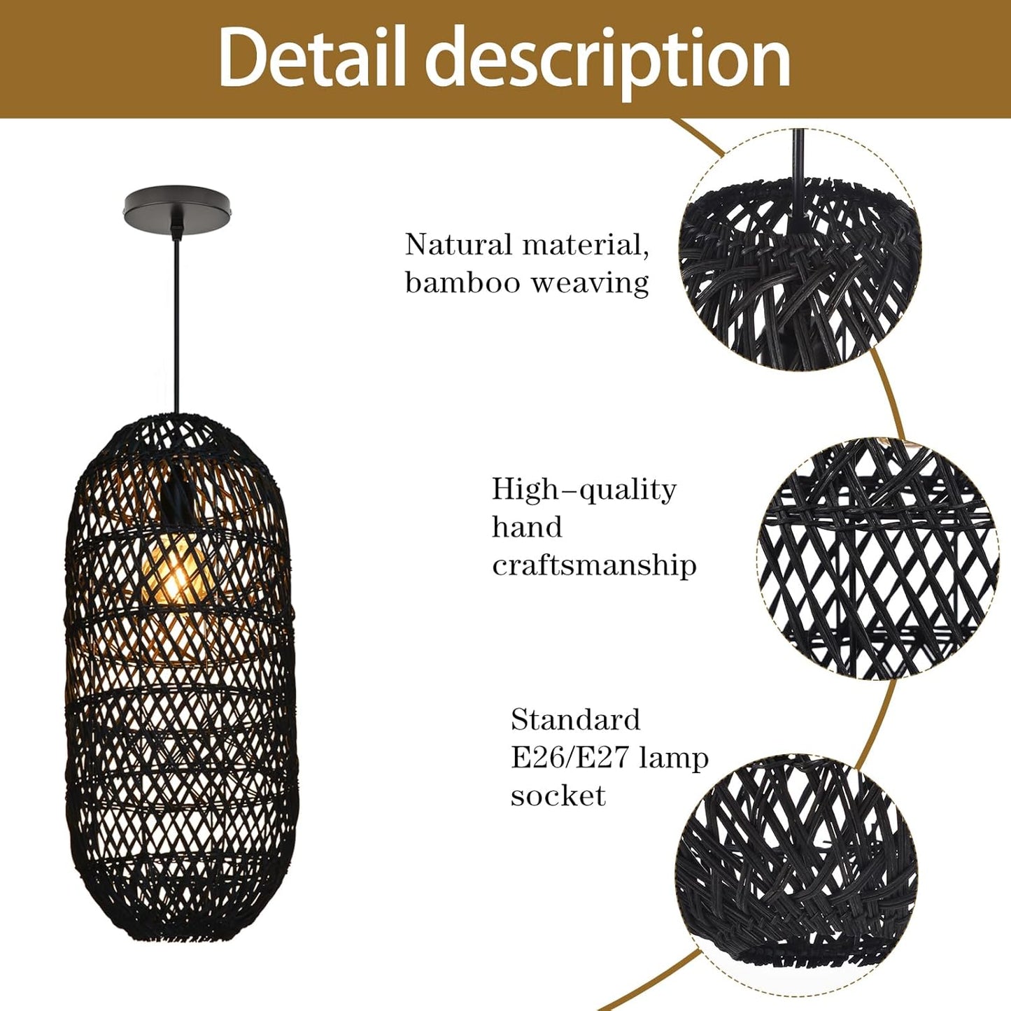 Arturesthome 1 Light Rustic Rattan Basket Pendant Light Fixture, Boho Wicker Chandelier Lamp Black, Coastal Handmade Crafts Lampshade, Farmhouse Hanging Ceiling Lighting for Dining Kitchen