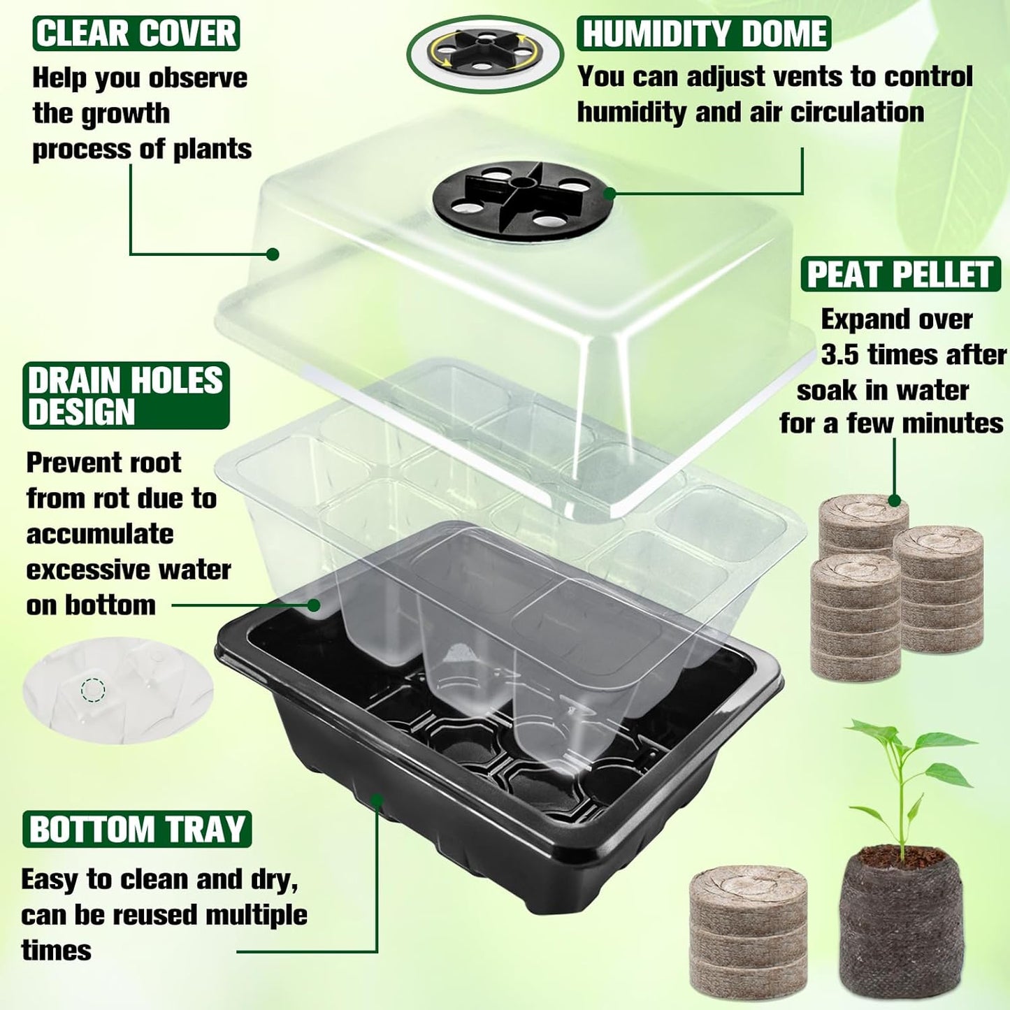 Halatool 8 Pack Seed Starter Tray with 100 PCS Peat Pellets, 96 Cells Black Plant Germination Trays for Organic Seed Starter Soil Pods for Planting Vegetables Plants Flowers Herbs - Starting Seeds Kit
