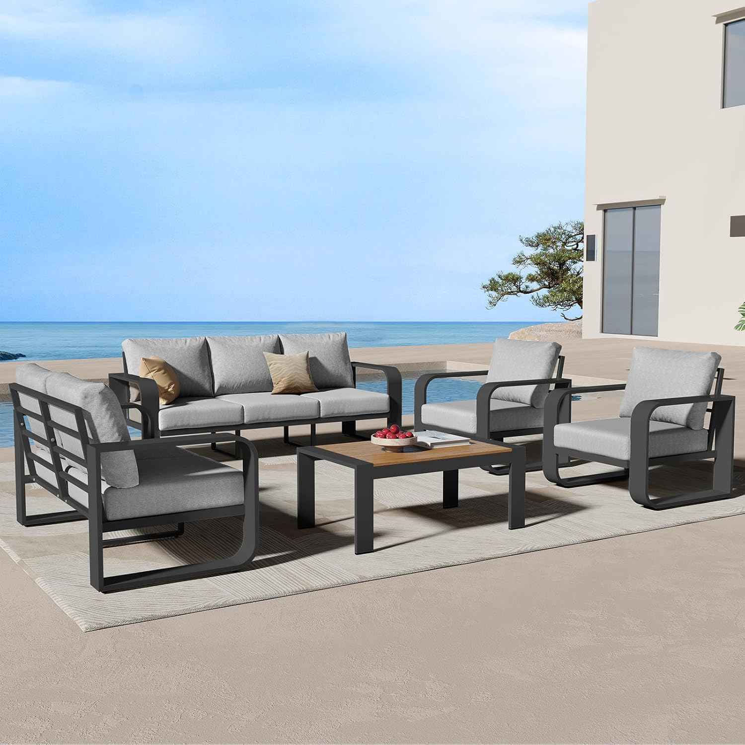 Oversized Aluminum Outdoor Furniture Set, Extra Large Patio Furniture Sofa Set 4.8” Widened Armrest & Ultra-Thick Cushions, 5 Pcs Modern Patio Sectional for Backyard, Porch, Gray