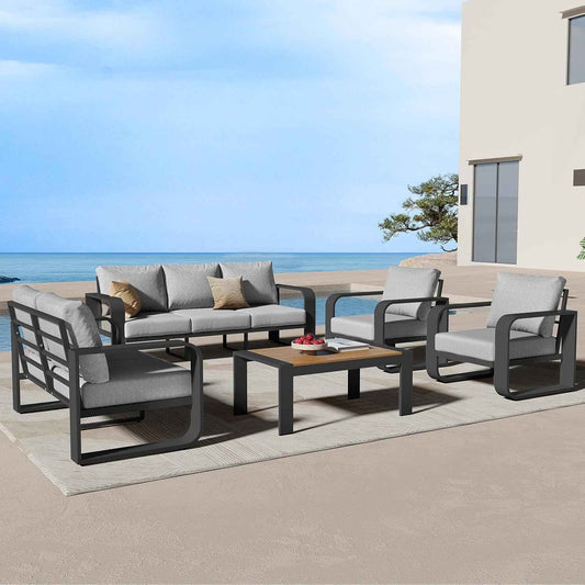Oversized Aluminum Outdoor Furniture Set, Extra Large Patio Furniture Sofa Set 4.8” Widened Armrest & Ultra-Thick Cushions, 5 Pcs Modern Patio Sectional for Backyard, Porch, Gray