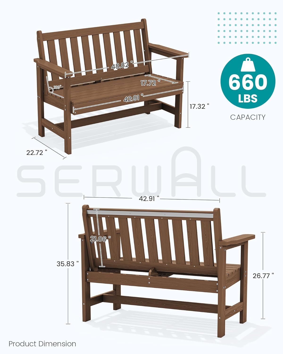 SERWALL Outdoor Bench, HDPE Outdoor Benches Weatherproof, 2-Person Garden Bench with 660 lbs Weight Capacity, Patio Benches for Outdoors, Garden, Porch, Backyard and Park, Brown, 4 Pack