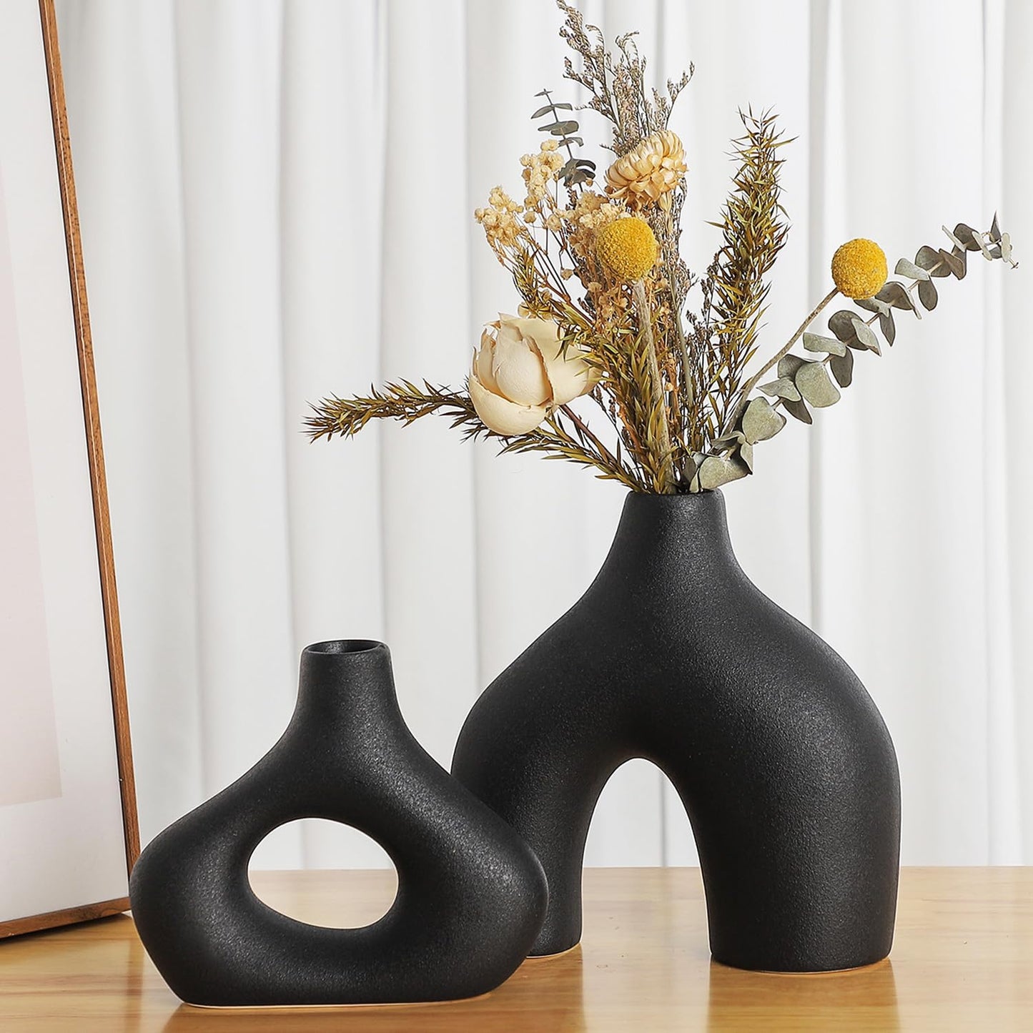 CEMABT Black Ceramic Vase Set of 2 for Modern Minimalist Bohemian Decor，Round Matte Donut Vases for Pampas Grass-Perfect for Living Room, Dining Table, Office Bedroom Shelf Decor Entryway, Console