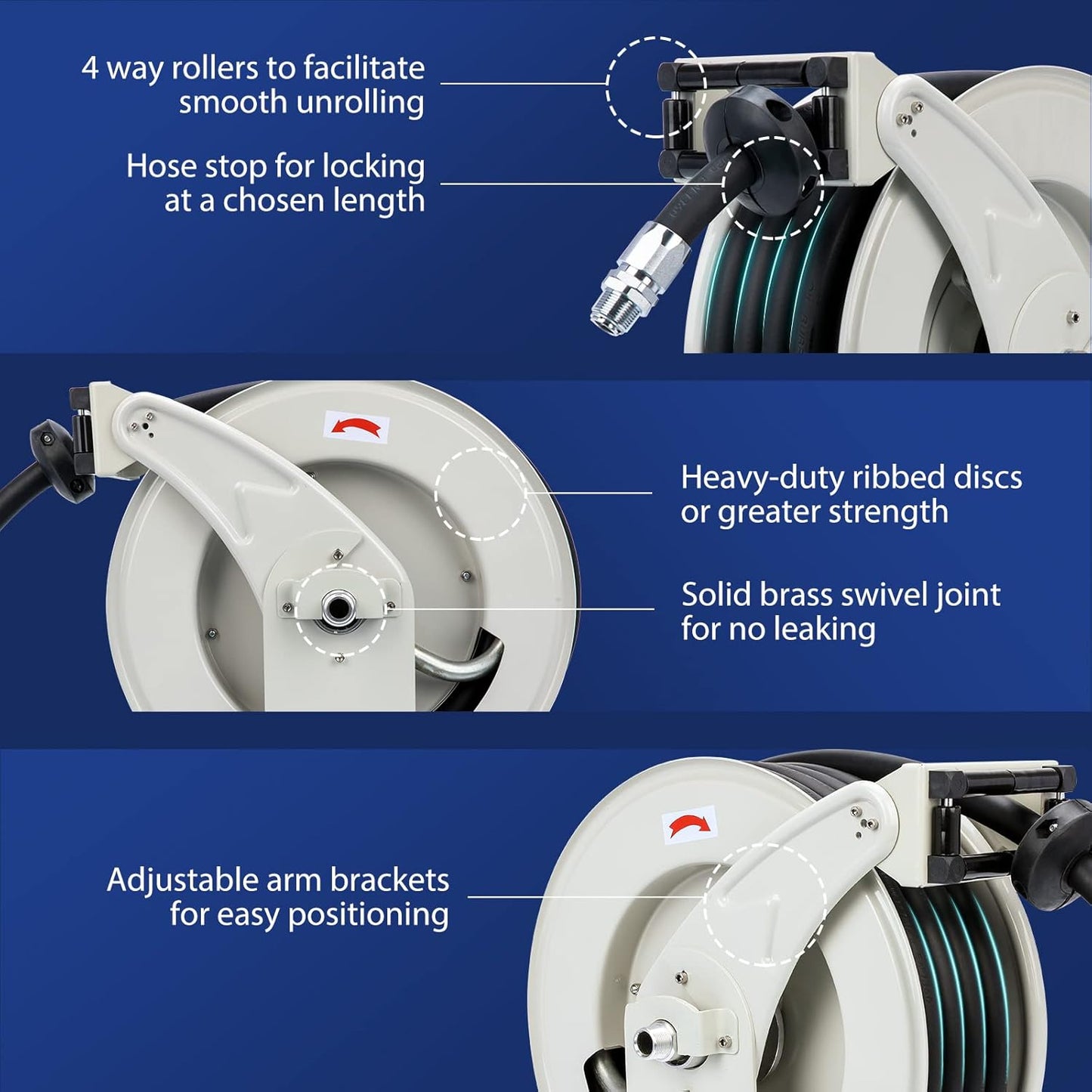 Diesel Fuel Hose Reel Retractable 3/4" x 50' Spring Driven Auto Swivel Rewind Industrial Heavy Duty Commercial Hose Holder Reel with Fueling Nozzle for Aircraft Ship Vehicle Tank Truck, 300 PSI