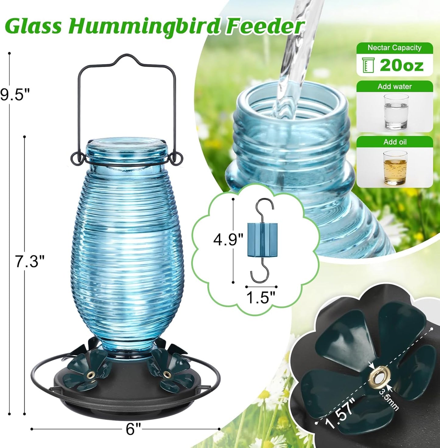 FEED GARDEN Glass Hummingbird Feeder for Outdoors Hanging, 20 OZ Humming Birds Feeders with 4 Bee Guard Feeding Ports & Built-in Ant Moat, Bird Feeder for Outside, Blue,1 Pack