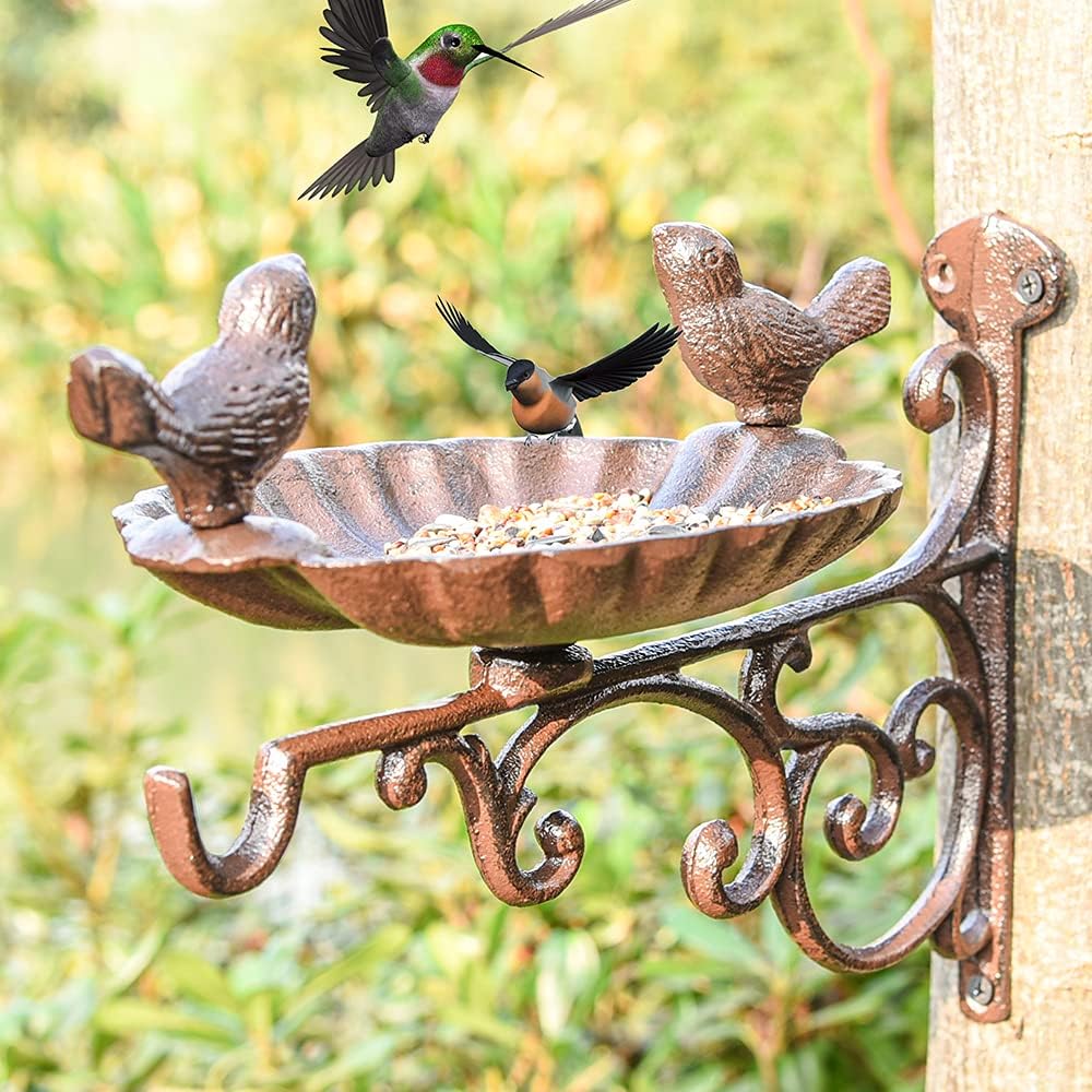 Sungmor Cast Iron Birdfeeder, Heavy Duty Sturdy Wall Bird Feeder, Deck Mounted Small Bird Bath, Decorative Planter Hanger, Outdoor Garden Wall Hook for Hanging Plant Pot, Basket, Lantern, Wind Chime