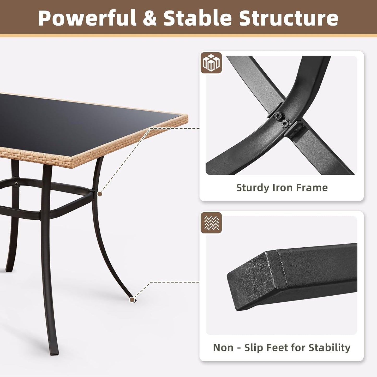 ECOTOUGE 35.2" Square Patio Table, Outdoor Wicker Dining Desk with Tempered Glass Top for 4-5 Persons, Bistro Rattan Furniture Garden Table for Balcony, Backyard, and Sunroom - Black Metal Steel Slat
