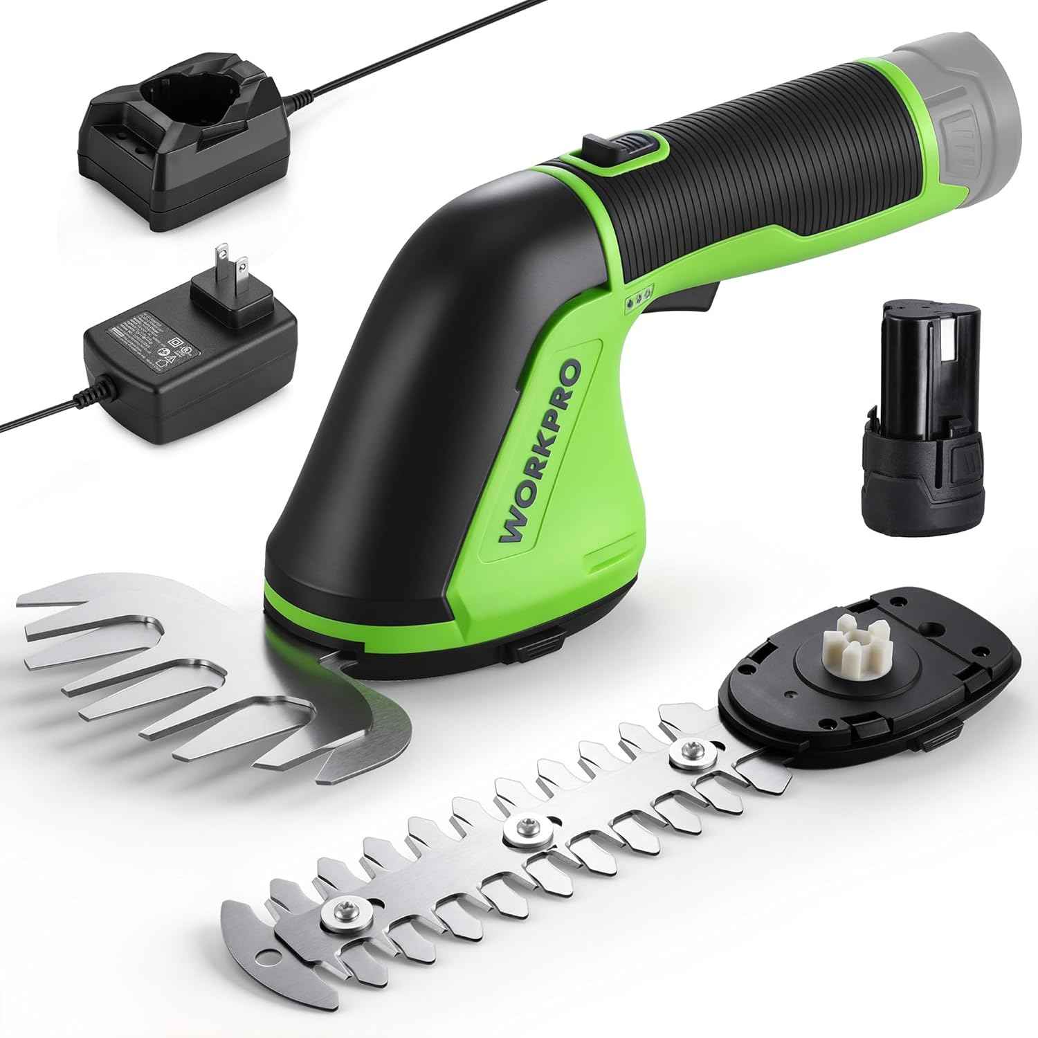 WORKPRO 12V Cordless Grass Shear, 2-in-1 Electric Hedge Trimmer & Grass Cutter, with 2.0Ah Rechargeable Battery, 1-Hour Fast Charger, Lightweight Handheld Bush Trimmer for Lawn and Garden