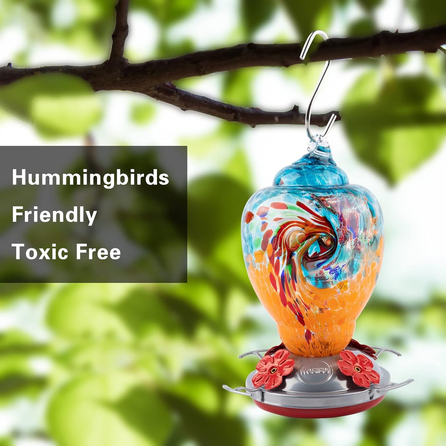 WOSIBO Hummingbird Feeder for Outdoors Patio Large 32 Ounces Colorful Hand Blown Glass Hummingbird Feeder with Ant Moat Hanging Hook, Rope, Brush and Service Card (Blue-Orange)