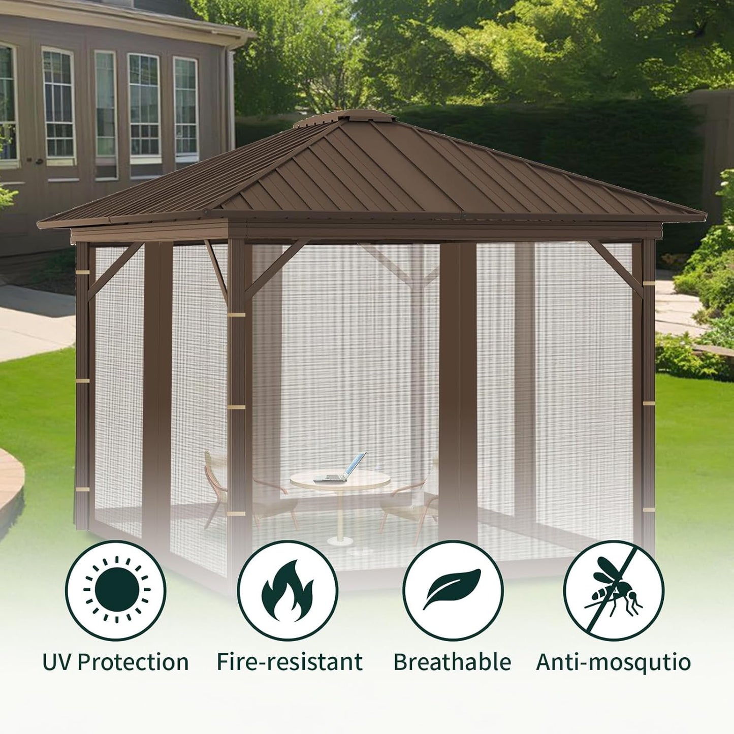 Replacement Gazebo Mosquito Netting 10' x 12',Universal Netting for Canopy Tent,4-Panel with Zipper for Outdoor Patio,Backyard (Mosquito Net Only,Brown)
