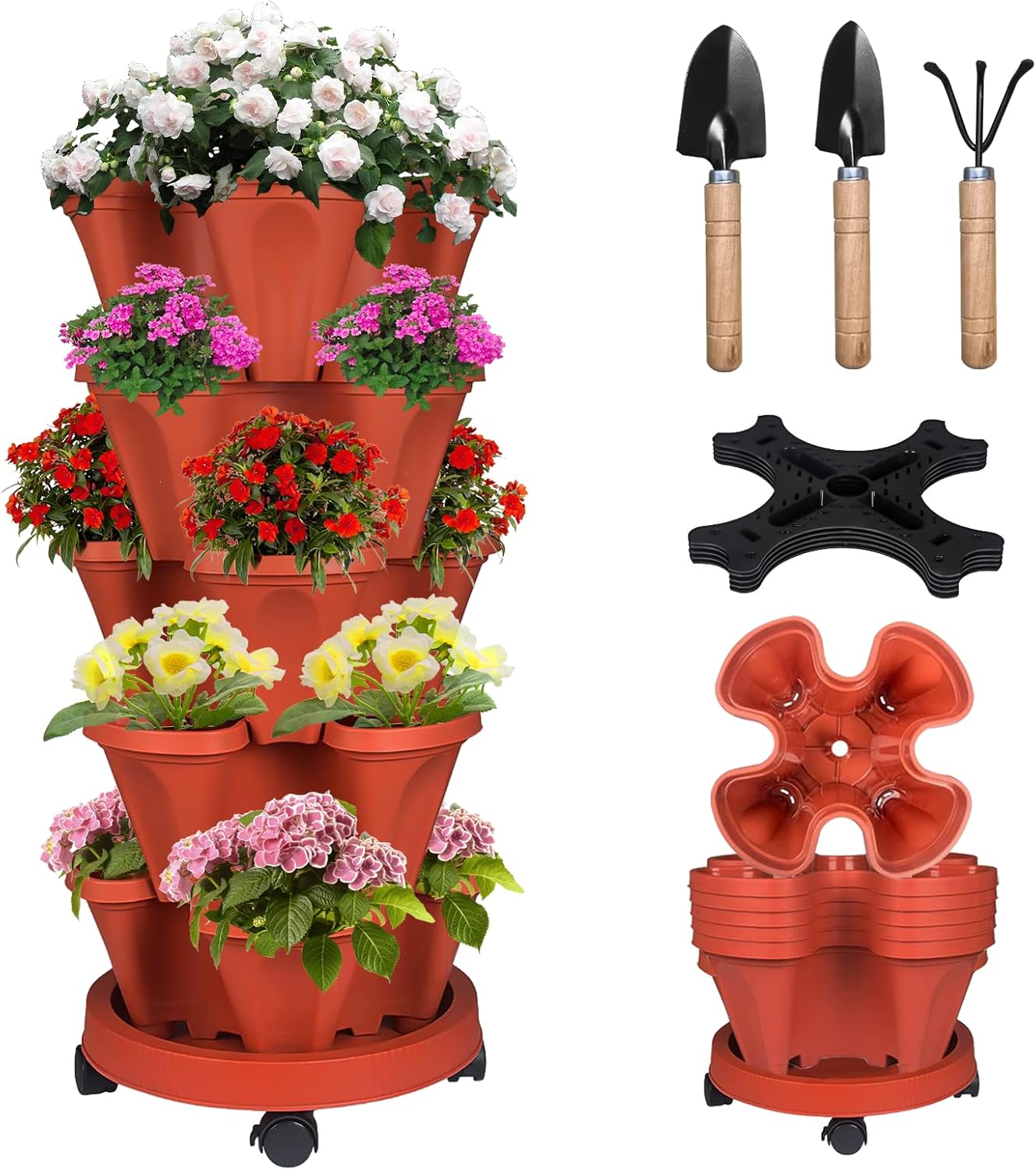 5 Tier Vertical Strawberry Planter-Tower Stackable Herb Planter Stacking Garden Planters Pot Outdoor With Tools Mover For Growing Flowers, Vegetables and Succulents