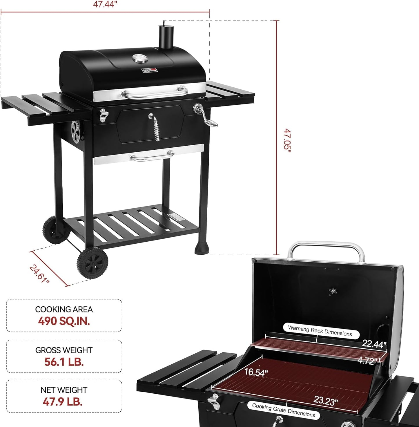 Royal Gourmet CD1824EC 24 Inch Movable Charcoal Grill with Cover, 490 Sq. In. Cooking Area, Outdoor Barbecue Grill with Foldable Side Tables for Outdoor Picnic and Camping Grilling, Black