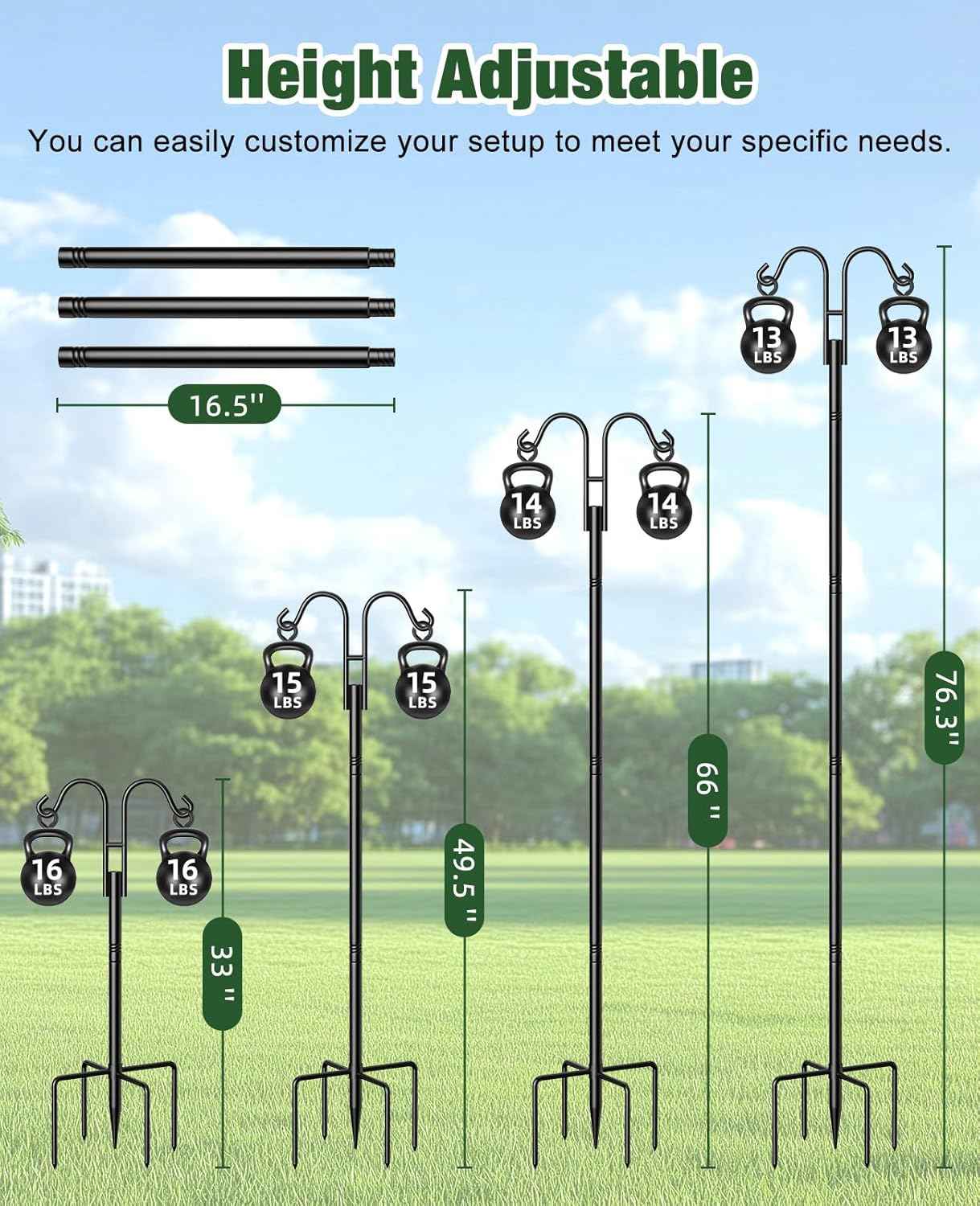 Double Shepherds Hooks, 76 Inch Bird Feeder Pole with 5-Prong Base, 3/4 Inch Thick Heavy Duty Adjustable Garden Hooks for Hanging Plants, Hummingbird Feeder, Solar Lights, Lantern Outdoor Garden Decor