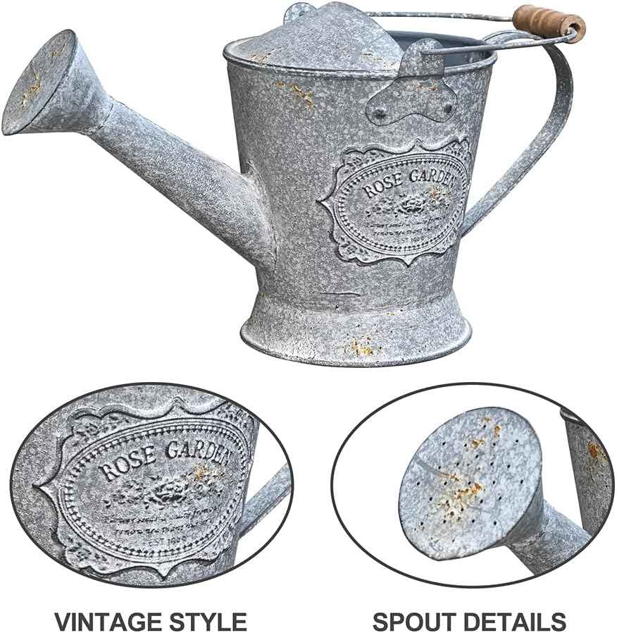 Vintage Metal Watering Can with Wooden Handle, Watering Can for Indoor/Outdoor Plants, Shabby Chic Decor for Home Balcony Courtyard Garden Gray