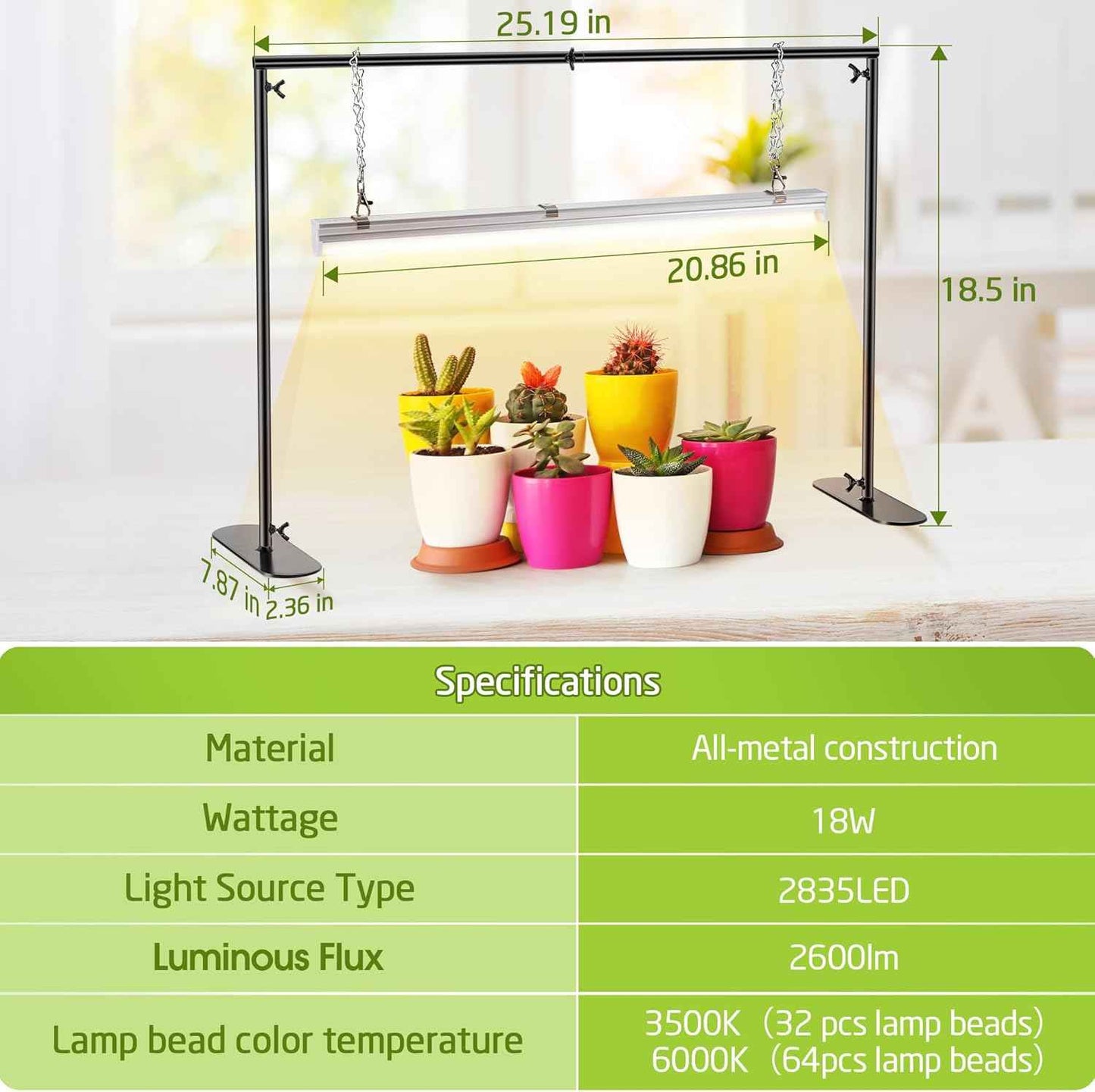 1 Pack Seedling Grow Light with Stand for Indoor Plants, 18W Full Spectrum LED Grow Lamp with Metal Stand, Height Adjustable Seedling Grow Light for Seed Starting, Germination, Hydroponic