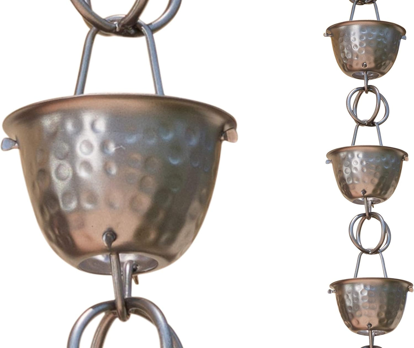 Monarch Rain Chains Aluminum Hammered Cup Rain Chain, 8.5 ft Pewter Powder Coated Aluminum Decorative Rain Catcher Chain for Gutters, Pewter Aluminum Rain Gutter Replacement Downspout