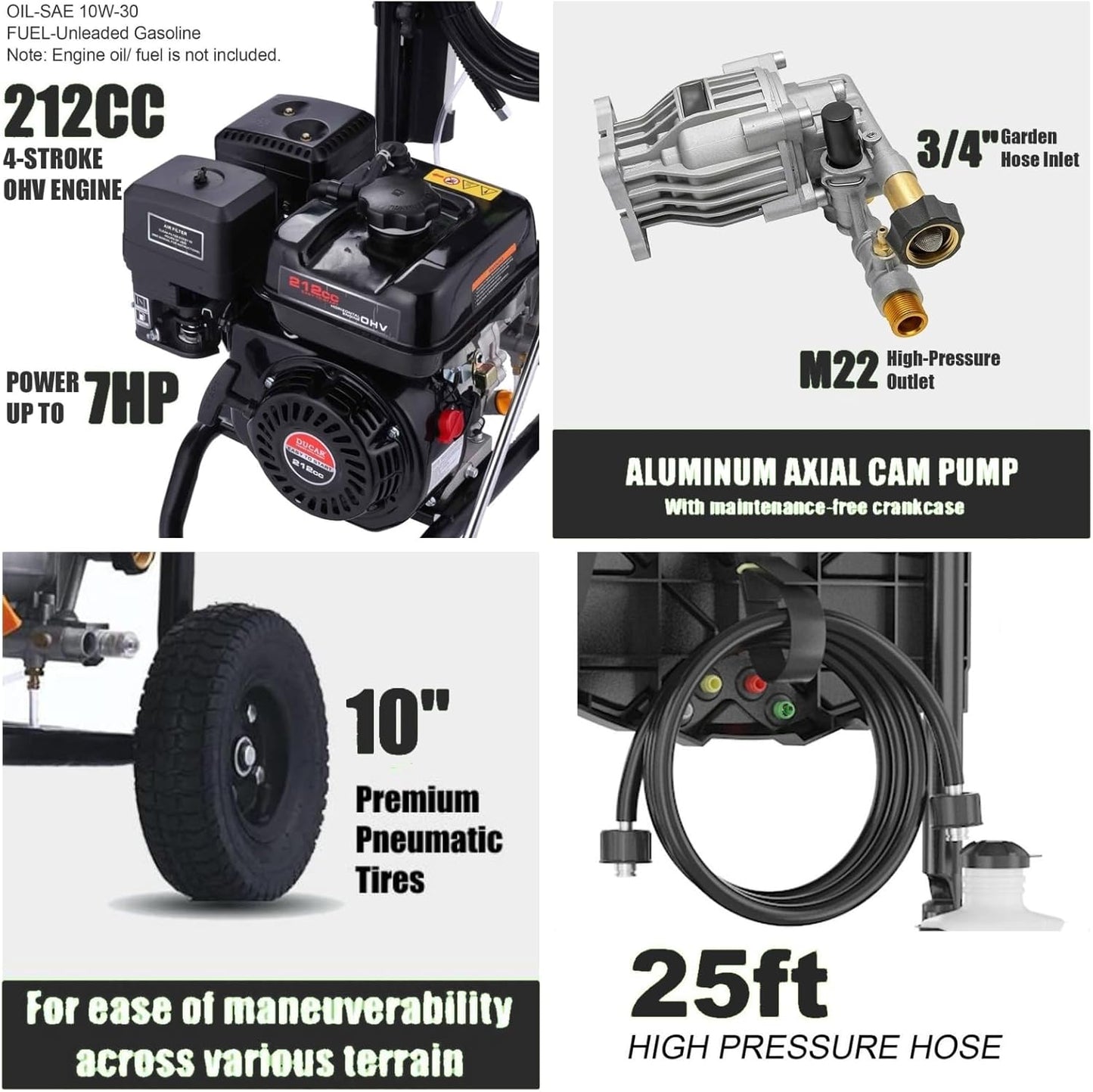 Commercial 4200PSI 4GPM 212CC Gas Pressure Washer, 7.0HP Heavy-Duty 4-Stroke 3600RPM Professional Gas Power Washer with 9" Wheels 5 Nozzles 25FT Hose 1L Foam Bottle (EPA/CARB/ETL Compliant), Black