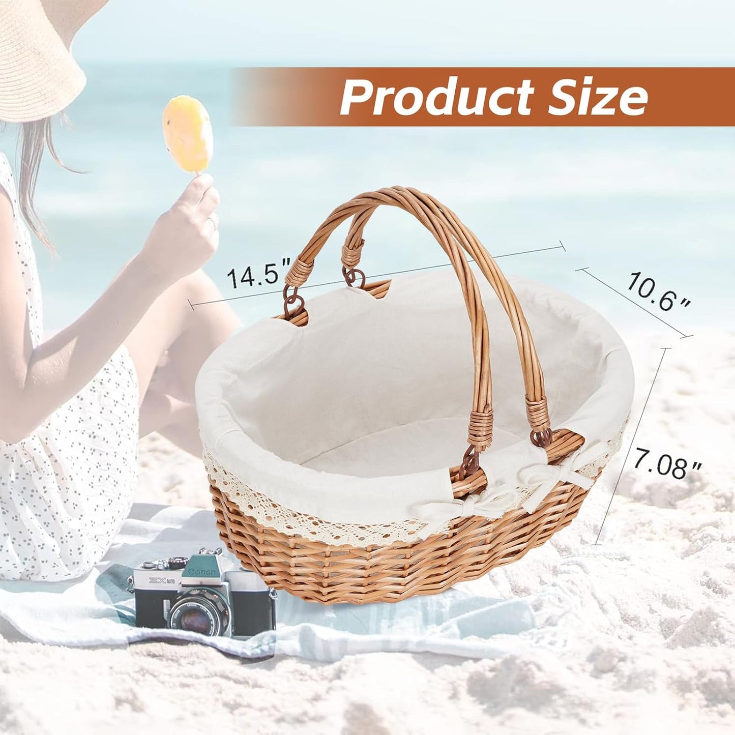 G GOOD GAIN Oval Picnic Basket with Folding Handles, Willow Hand Woven Shopping Basket, Bath Toy Kids Toy Storage Gift Packing Basket, Wicker Empty Easter Eggs and Candy Small Gift Basket.Cream