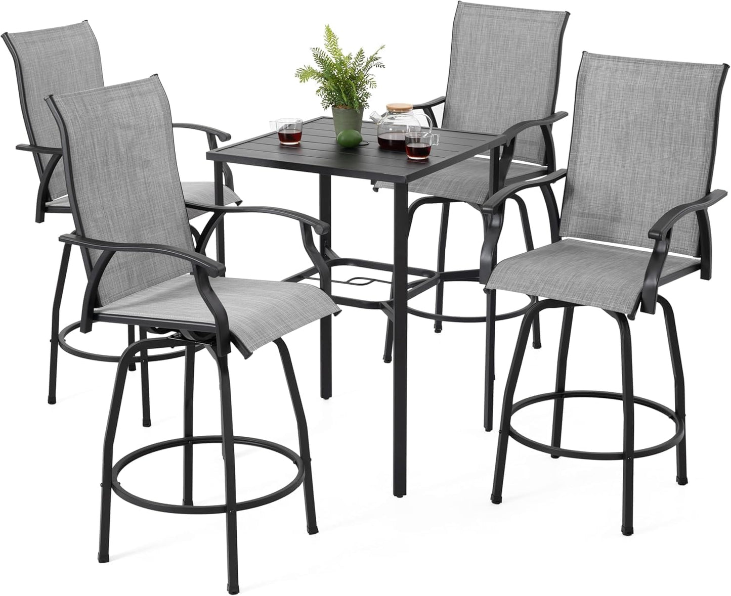 NUU GARDEN 5 Piece Patio Swivel Bar Set, All-Weather Textilene High Bistro Stools, Square Bar Table with Slatted Tabletop and Umbrella Hole for Sunroom, Backyard and Balcony
