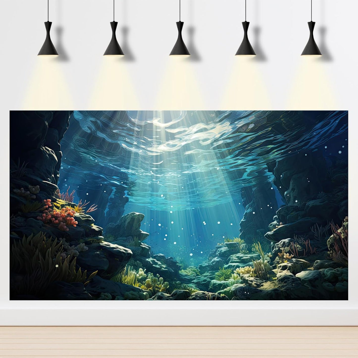 Underwater Aquarium Background Corals and Tropical Fish Terrarium Backdrop Rock Aquatic Plants Sunlight Rays Fish Tank Background Tank Aquarium Wallpaper Poster Decor 48x24in