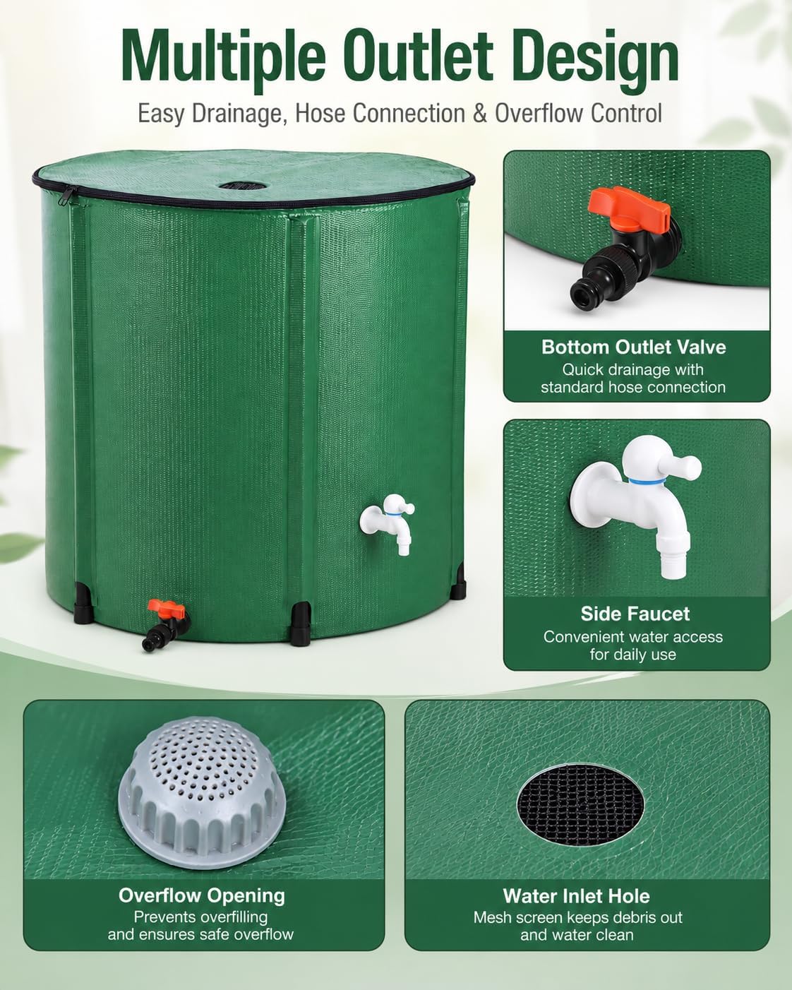 200 Gallon Collapsible Rain Barrel, Portable Rainwater Collection System, Water Storage Tank, Rain Catcher Barrel with Two Spigots and Overflow Kit, Rainwater Barrels Collector for Garden, Green