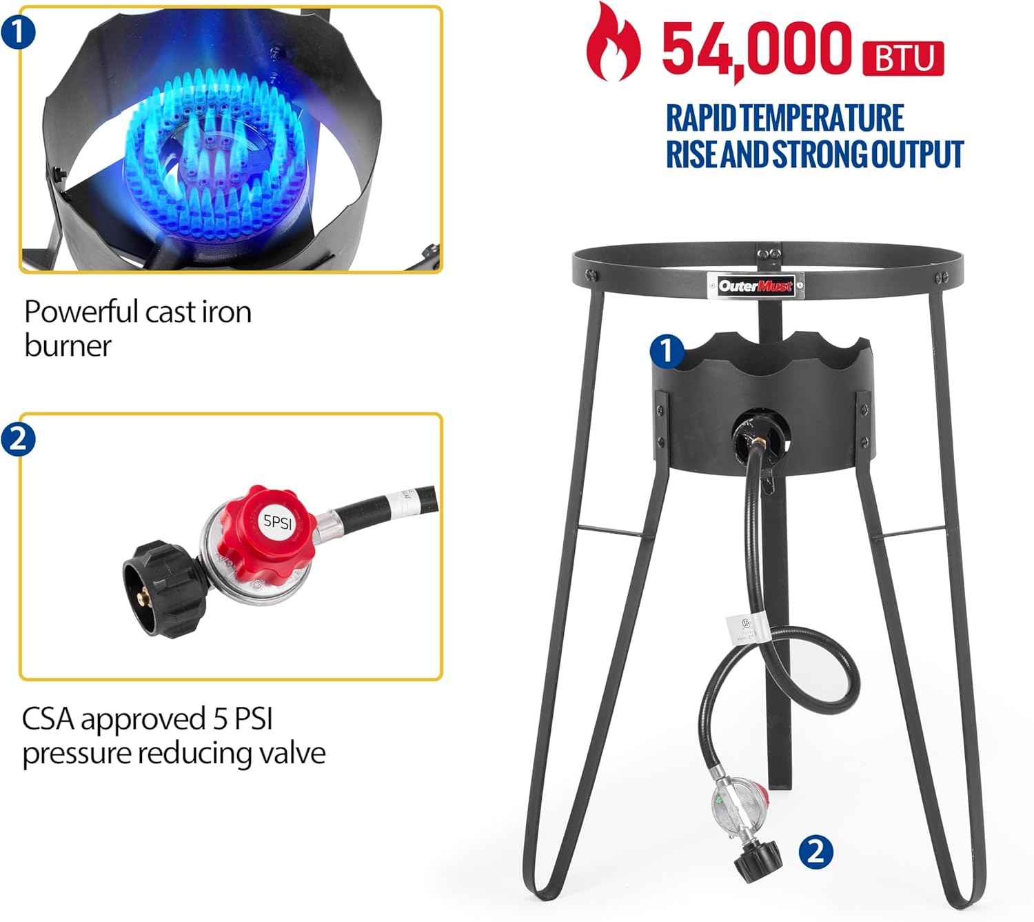 Outdoor Cooker with Iron Wok and Propane Burner, 54,000 BTU High-Pressure Gas Stove for Backyard BBQ, Tailgating & Outdoor Cooking