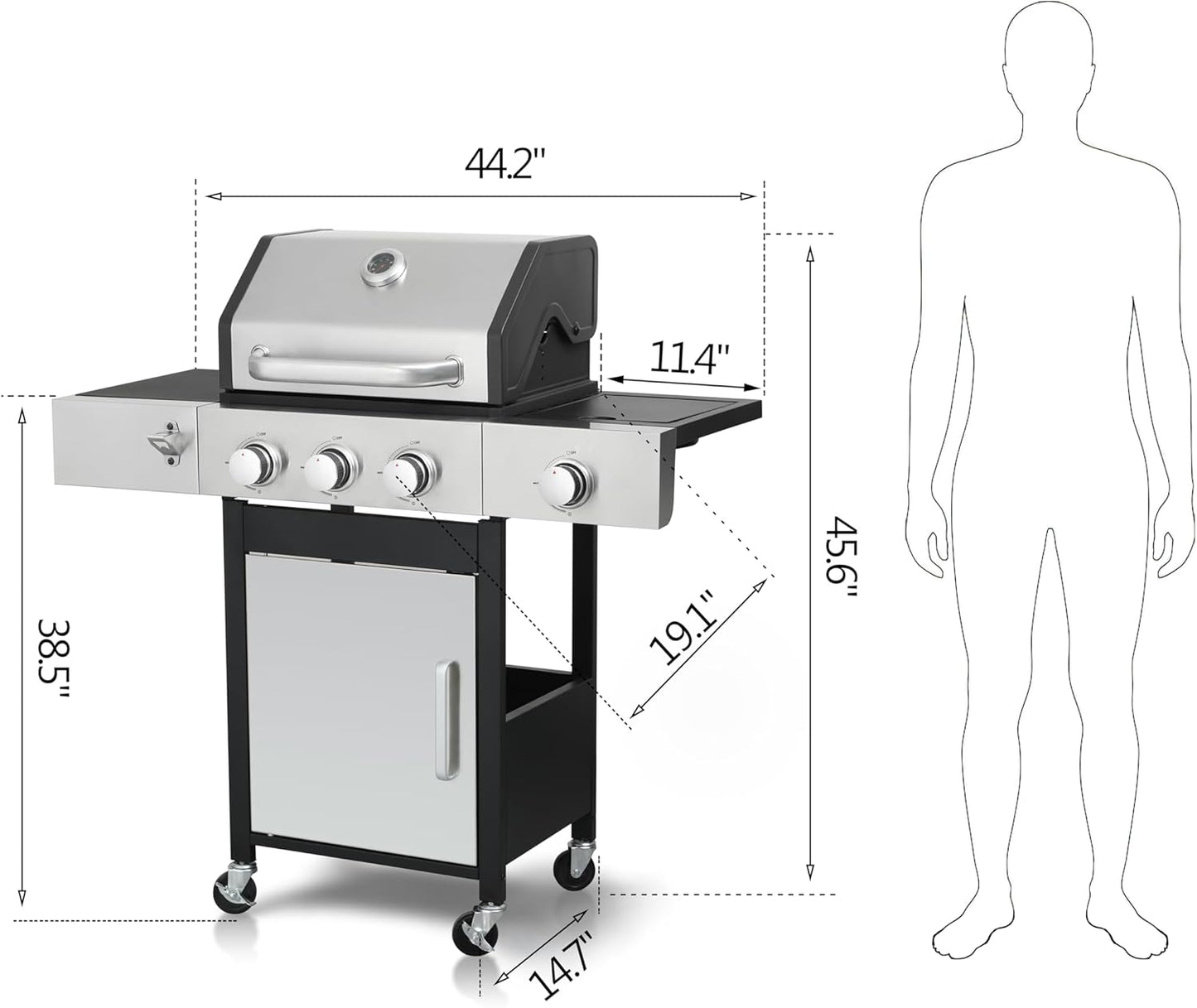 3-Burner Propane Gas Grill with Side Burner, 25,650 BTU Outdoor BBQ Grill with Stainless Steel Warming Rack, Enameled Cooking Grids, Built-in Thermometer & Foldable Side Tables with 6" Wheels