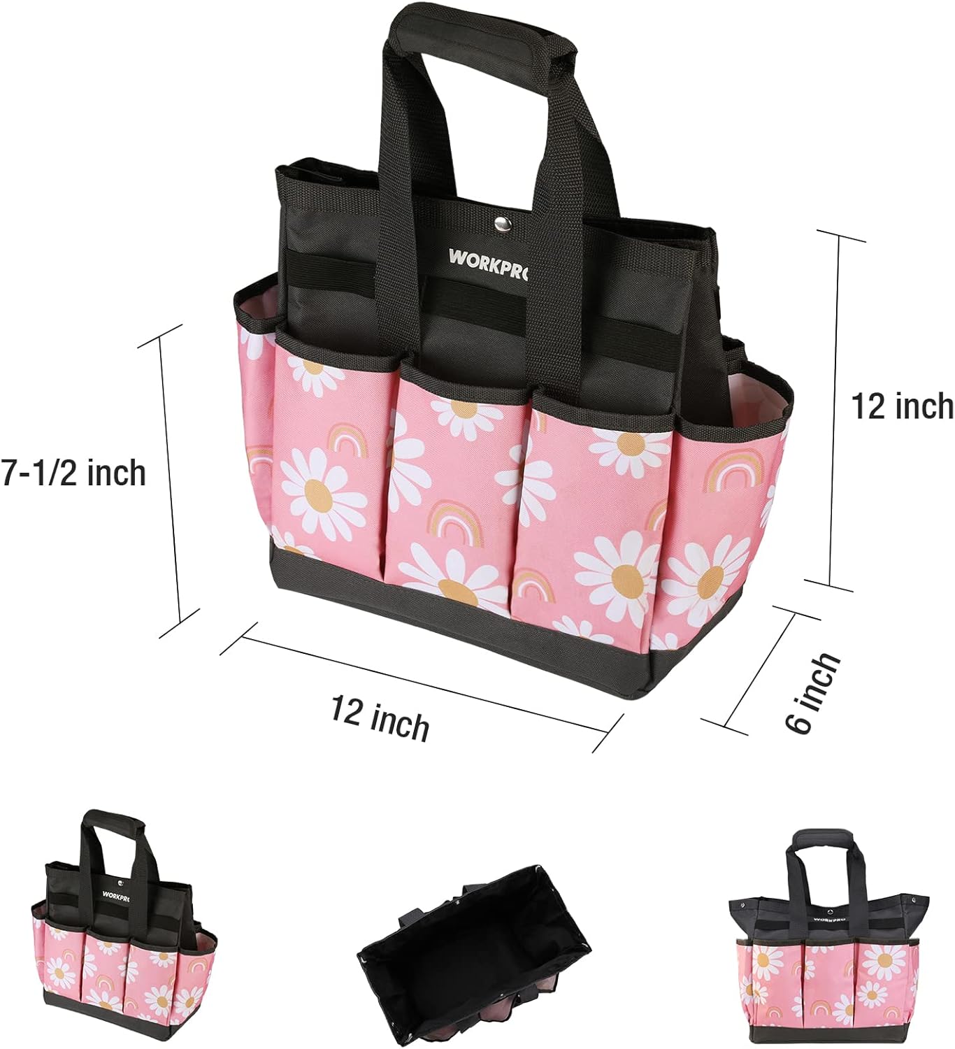 WORKPRO Garden Tool Bag, 9 Pockets Gardening Bag, Heavy Duty Oxford Garden Tote Caddy (Tools NOT Included), 12" x 12" x 6"-Pink Ribbon