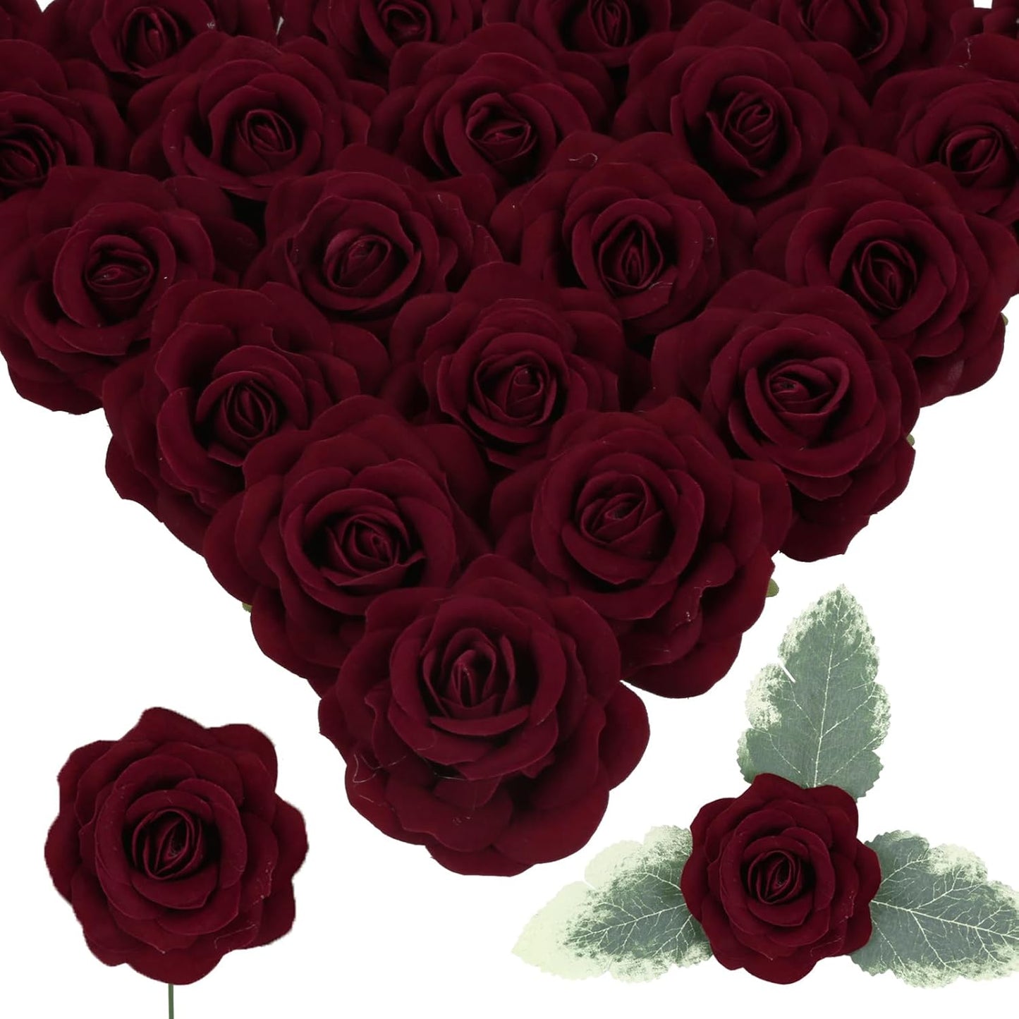 25PCS Rose Artificial Flower Heads 7 CM 2.75 in Velvet Rose Flowers Real Look Rose Flower Heads for DIY Wedding Home Party Baby Shower Decor (Burgundy)