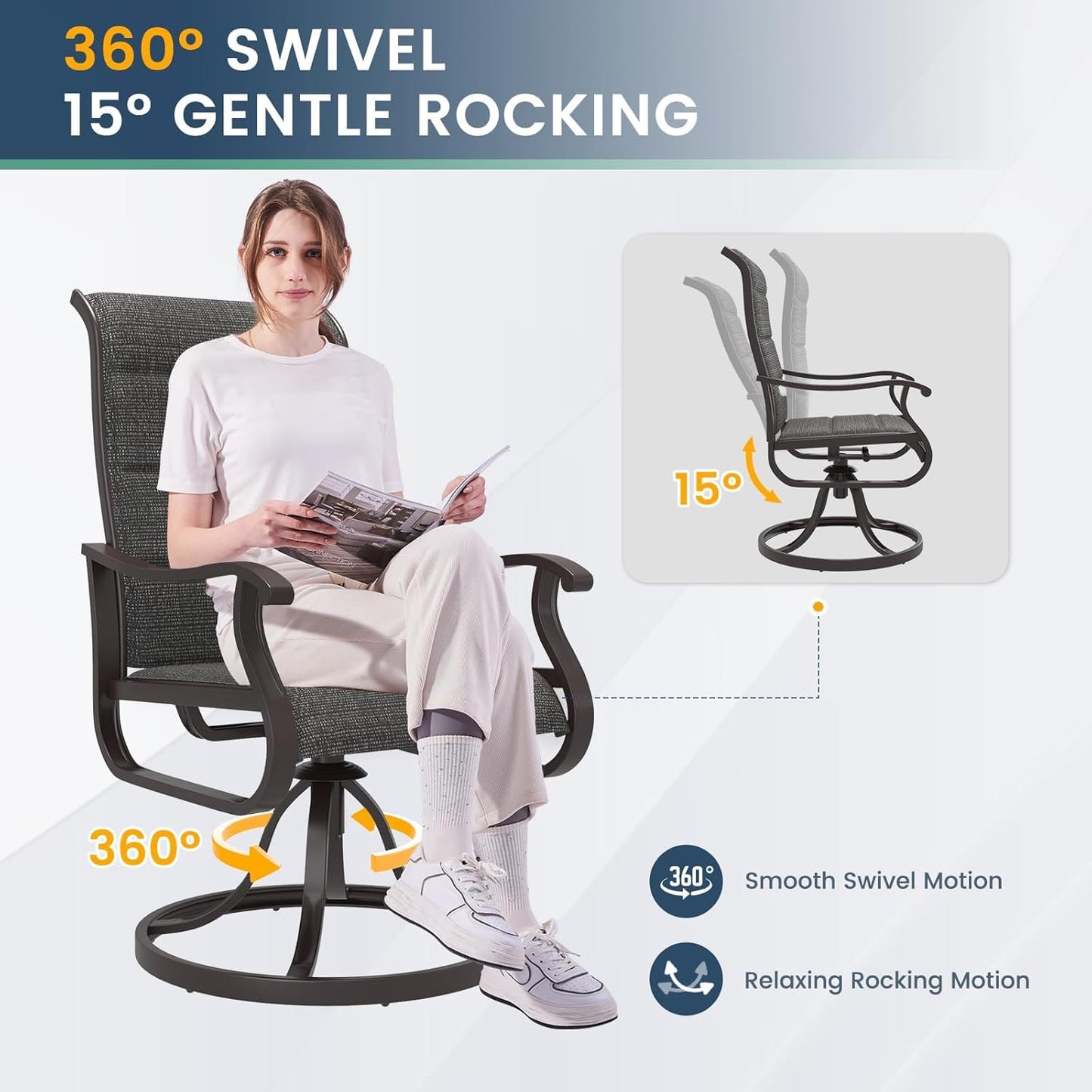 Amopatio Padded Patio Swivel Chairs Set of 2, Outdoor Dining Chairs with Ultra Soft Textilene High Back Seat & Metal Rocker Frame, for Backyard Deck Lawn (Dark Grey)